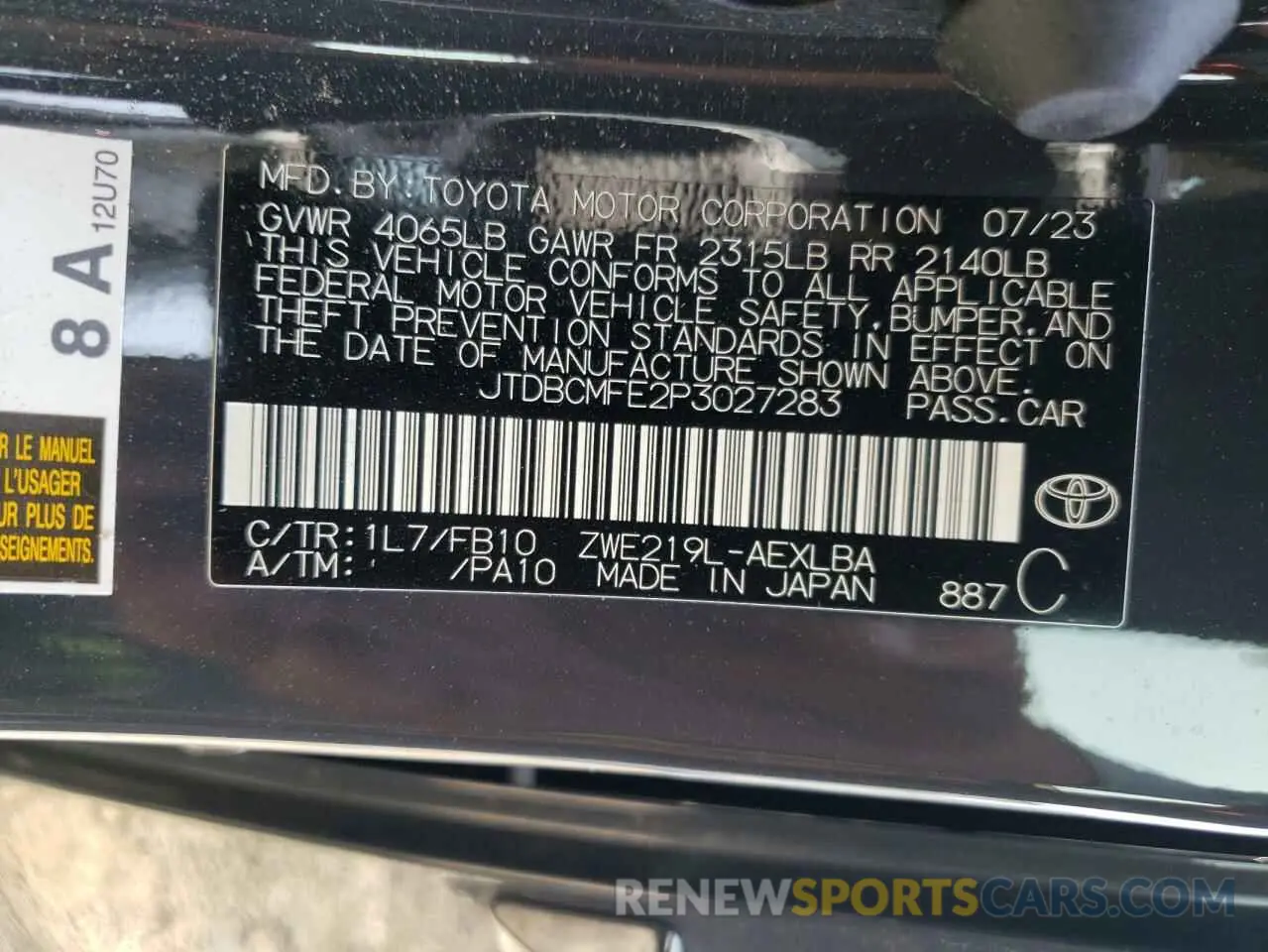 13 Photograph of a damaged car JTDBCMFE2P3027283 TOYOTA COROLLA 2023