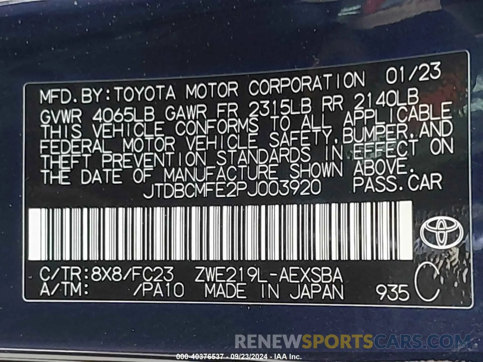 9 Photograph of a damaged car JTDBCMFE2PJ003920 TOYOTA COROLLA 2023