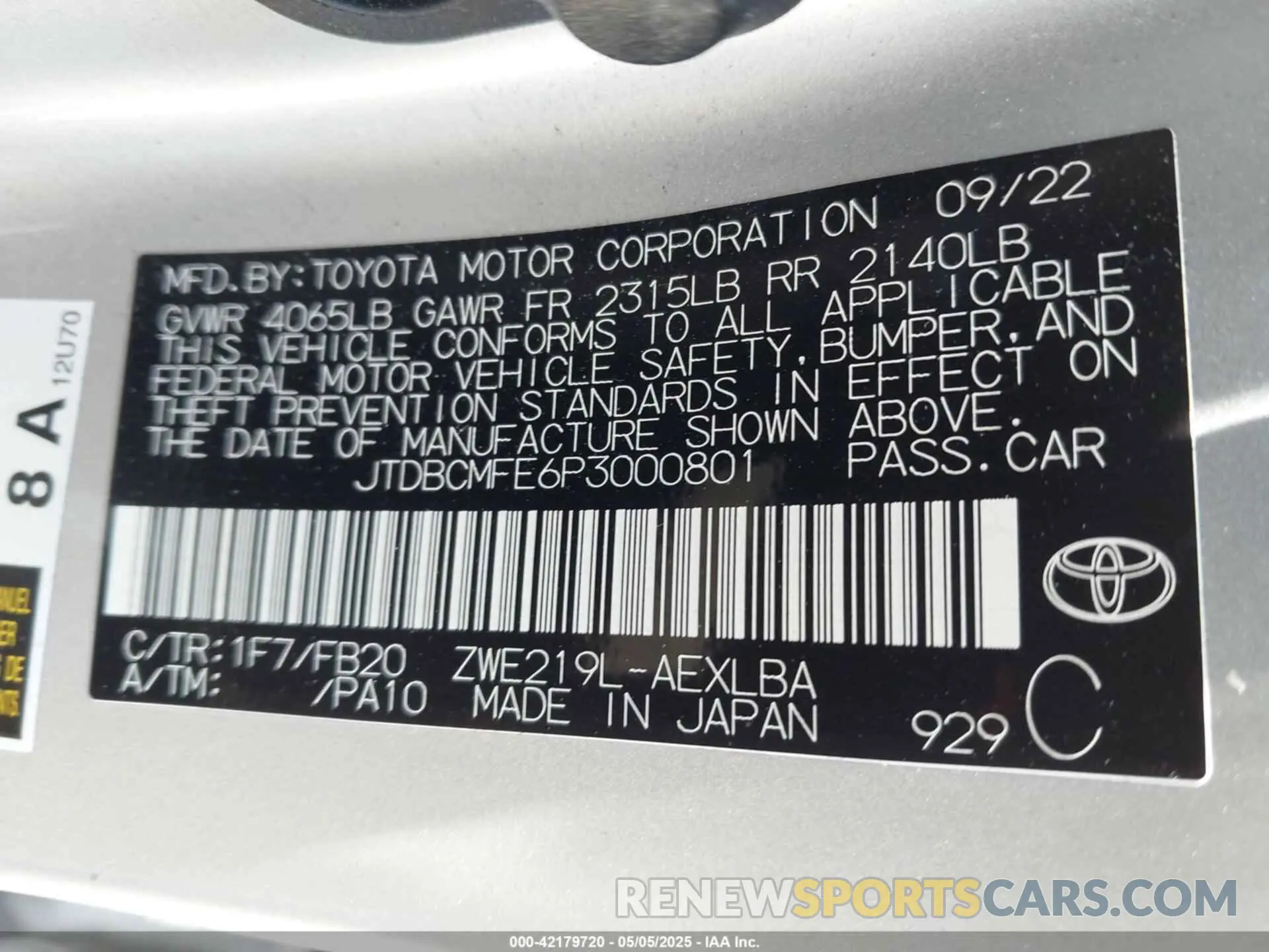 9 Photograph of a damaged car JTDBCMFE6P3000801 TOYOTA COROLLA 2023