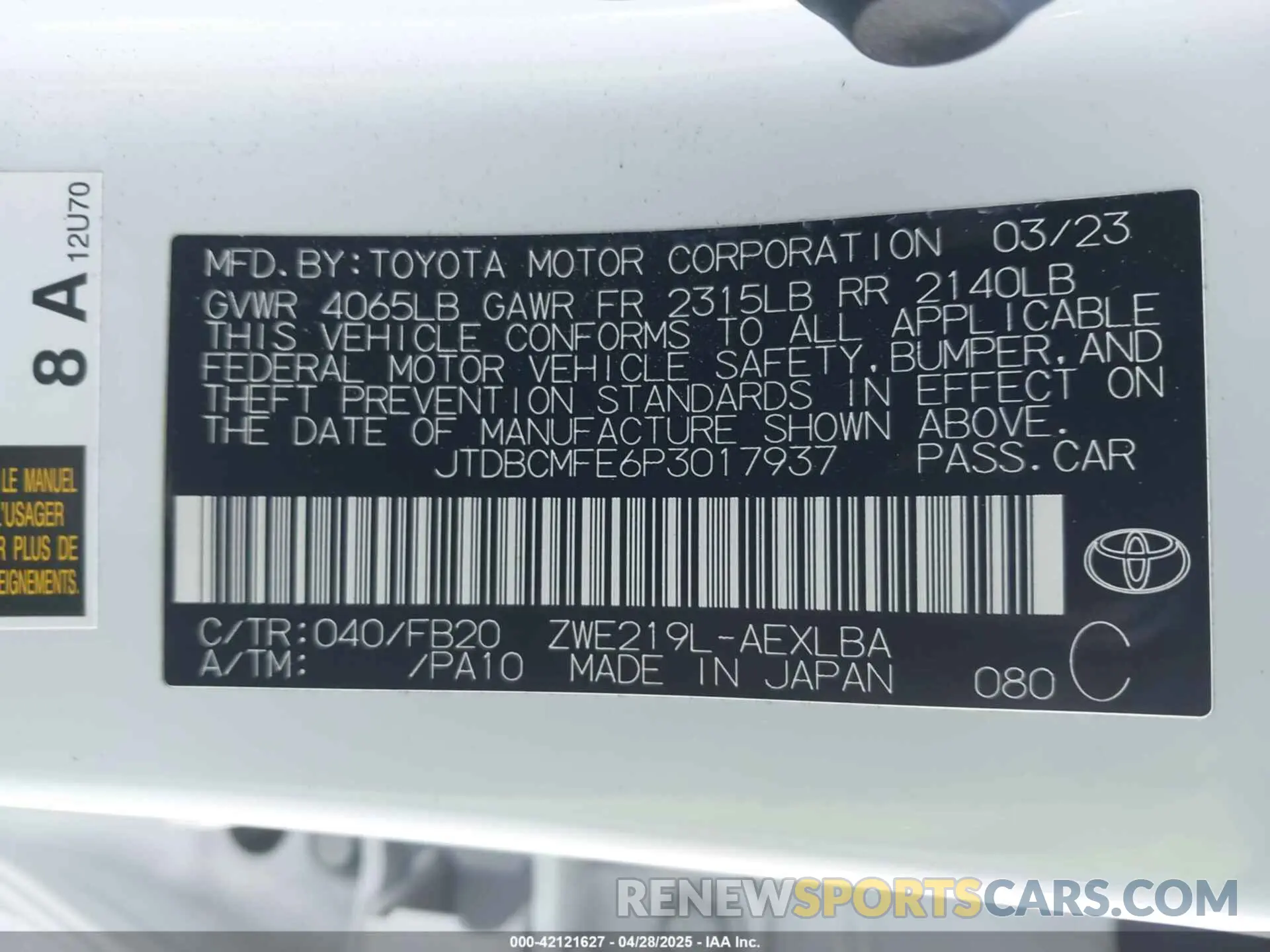 9 Photograph of a damaged car JTDBCMFE6P3017937 TOYOTA COROLLA 2023