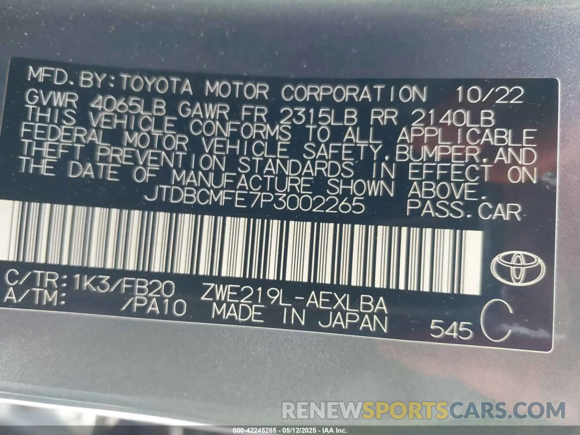 9 Photograph of a damaged car JTDBCMFE7P3002265 TOYOTA COROLLA 2023