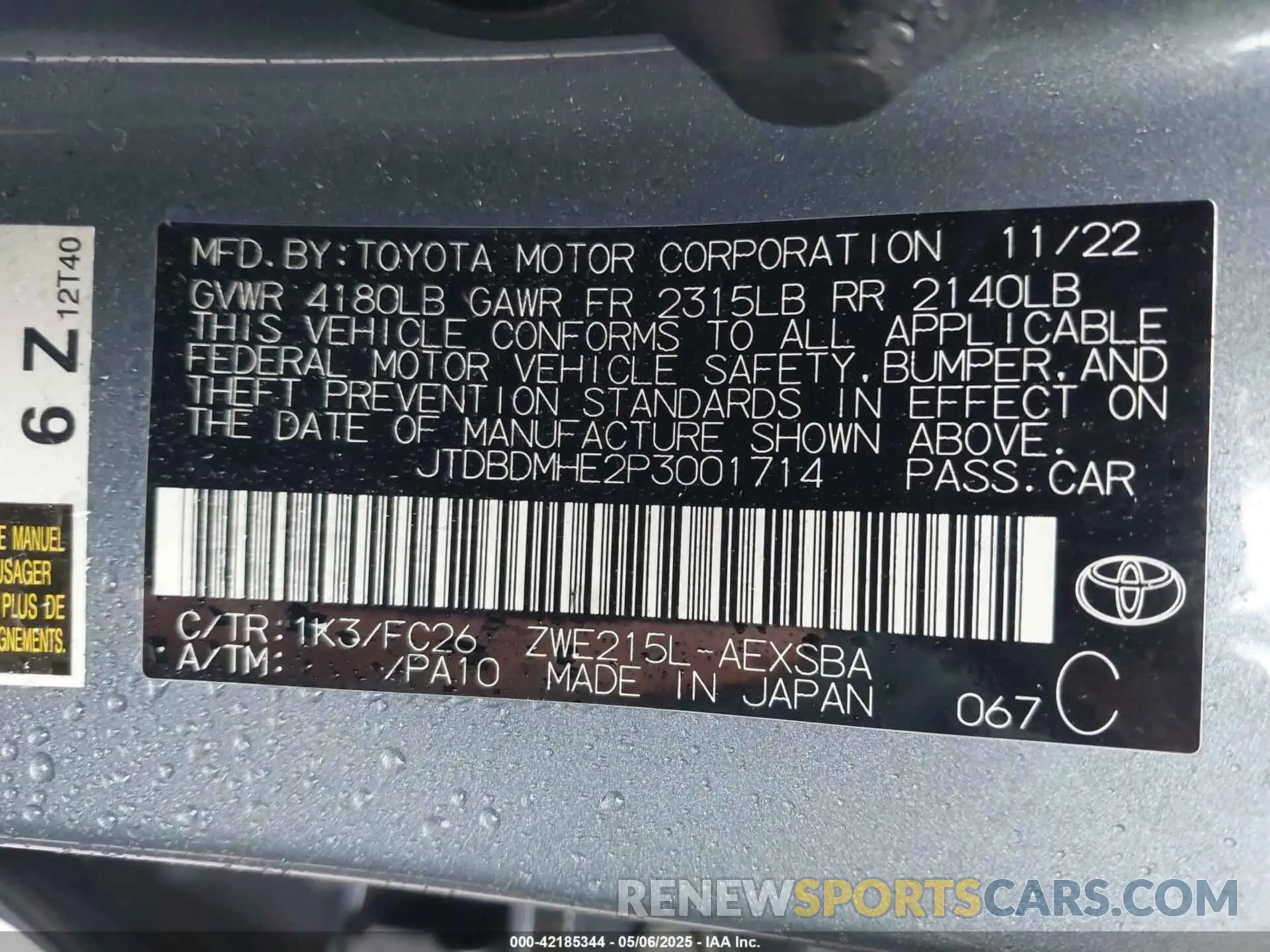 9 Photograph of a damaged car JTDBDMHE2P3001714 TOYOTA COROLLA 2023