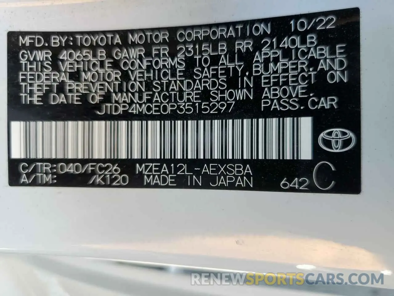 12 Photograph of a damaged car JTDP4MCE0P3515297 TOYOTA COROLLA 2023