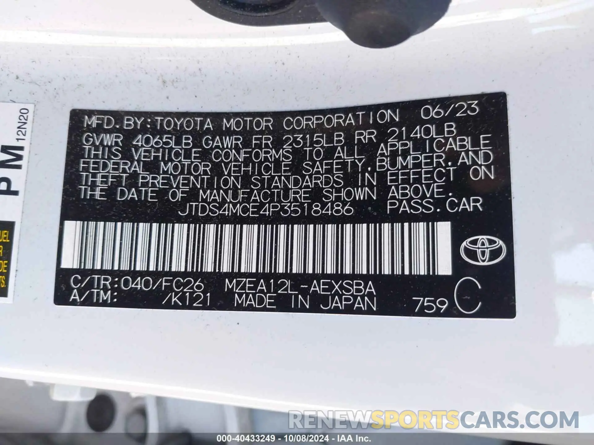 9 Photograph of a damaged car JTDS4MCE4P3518486 TOYOTA COROLLA 2023