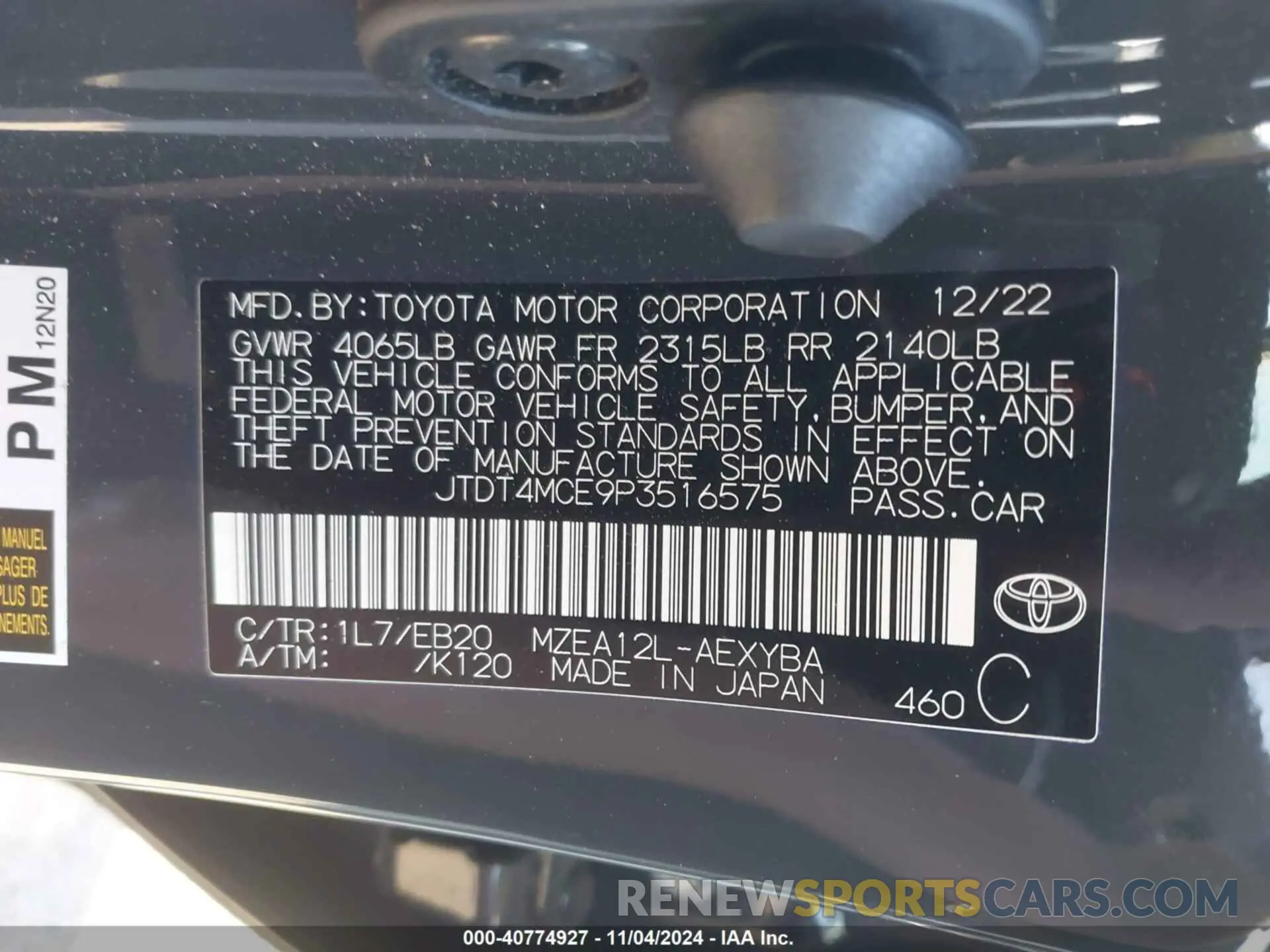 9 Photograph of a damaged car JTDT4MCE9P3516575 TOYOTA COROLLA 2023