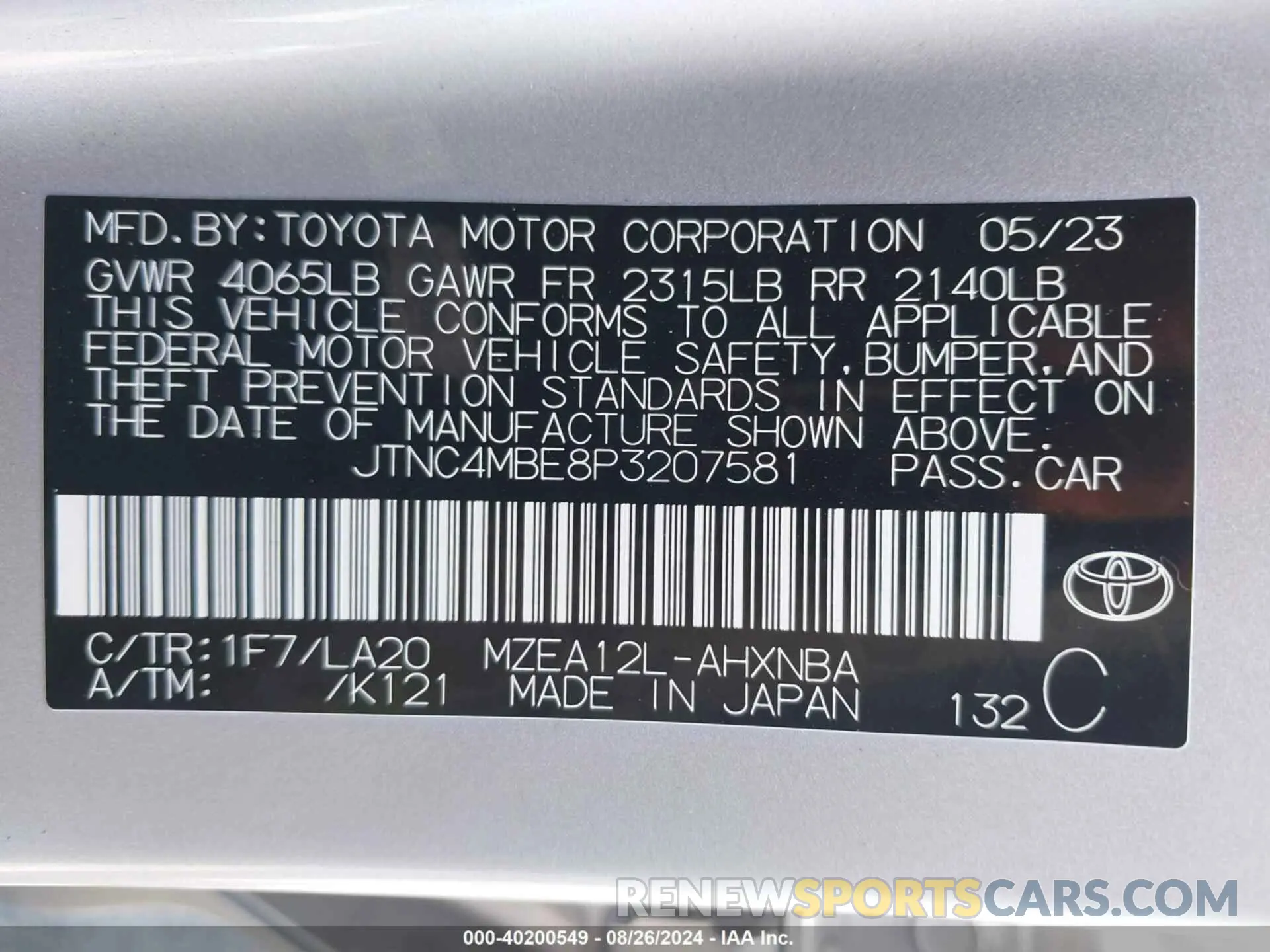 9 Photograph of a damaged car JTNC4MBE8P3207581 TOYOTA COROLLA 2023