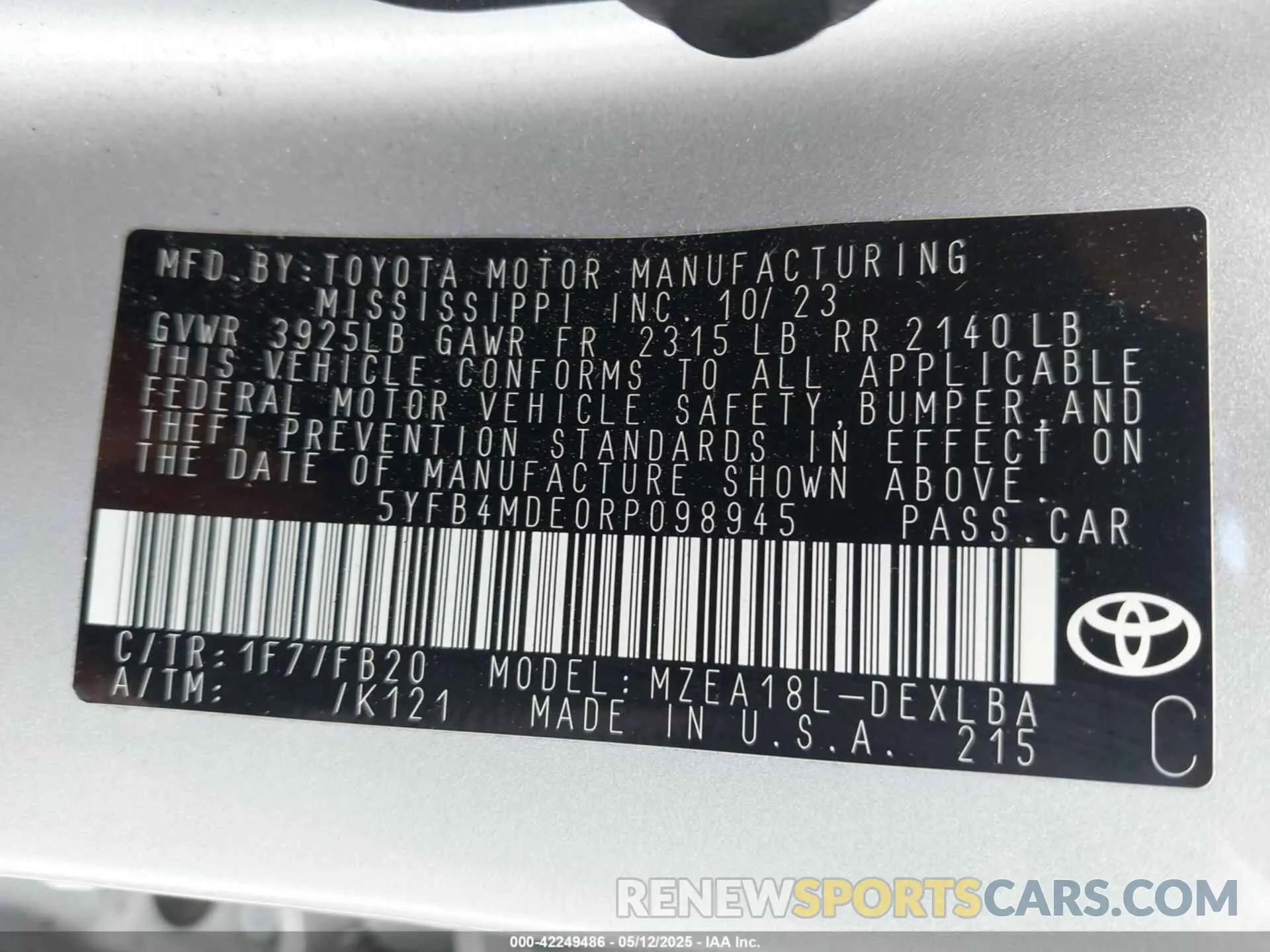 9 Photograph of a damaged car 5YFB4MDE0RP098945 TOYOTA COROLLA 2024