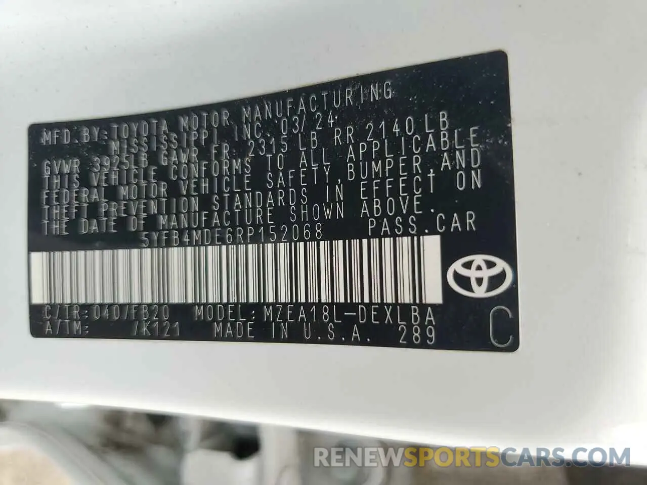 12 Photograph of a damaged car 5YFB4MDE6RP152068 TOYOTA COROLLA 2024