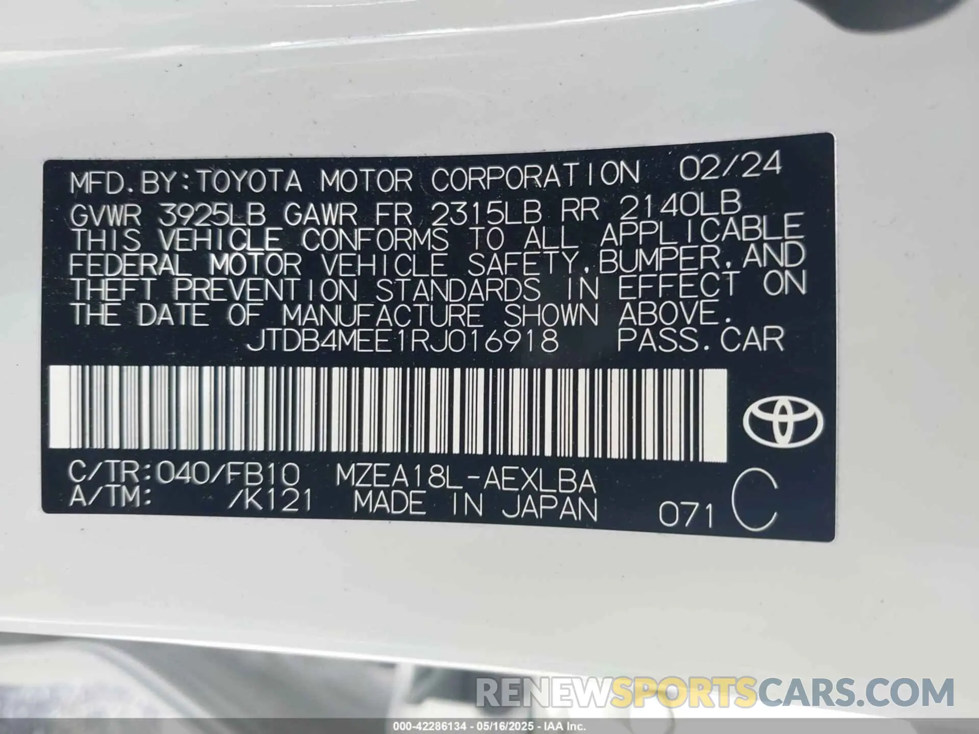 9 Photograph of a damaged car JTDB4MEE1RJ016918 TOYOTA COROLLA 2024