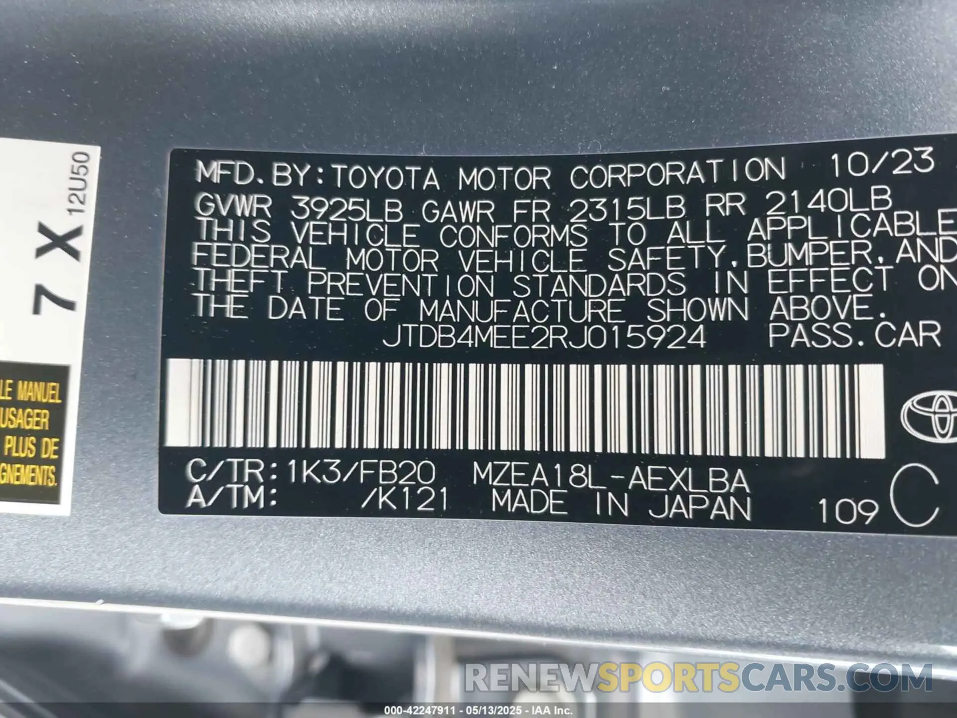 9 Photograph of a damaged car JTDB4MEE2RJ015924 TOYOTA COROLLA 2024