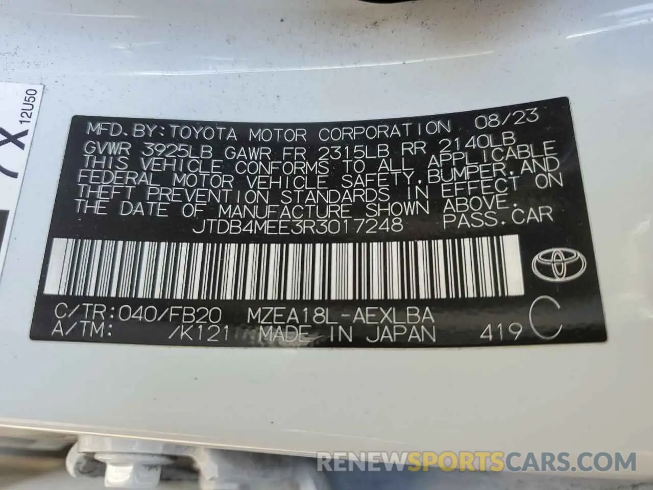 12 Photograph of a damaged car JTDB4MEE3R3017248 TOYOTA COROLLA 2024