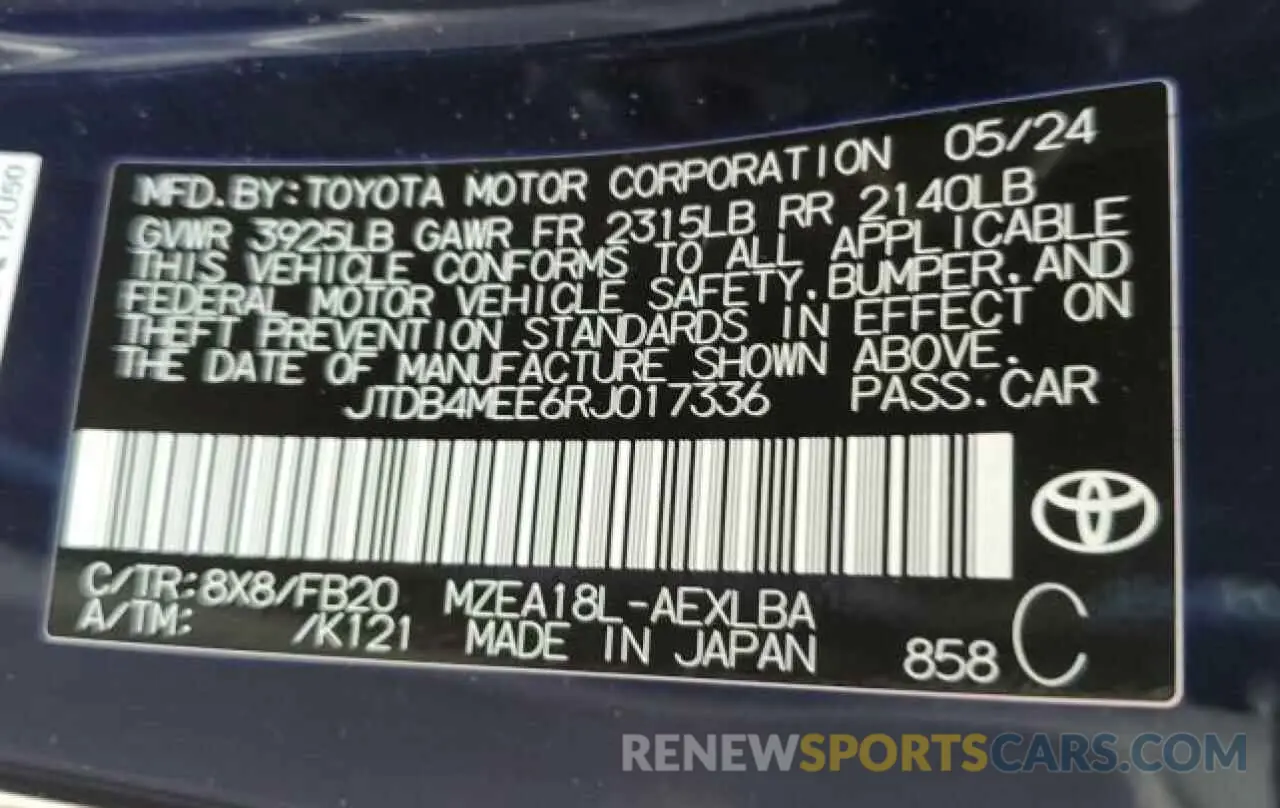 12 Photograph of a damaged car JTDB4MEE6RJ017336 TOYOTA COROLLA 2024
