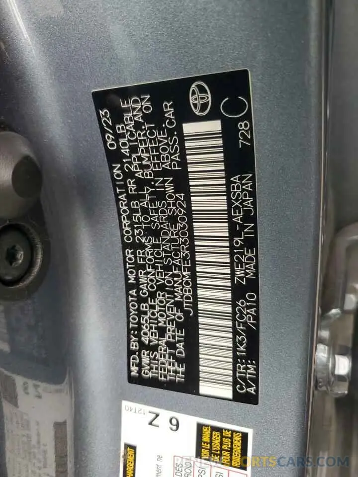 12 Photograph of a damaged car JTDBCMFE3R3030924 TOYOTA COROLLA 2024
