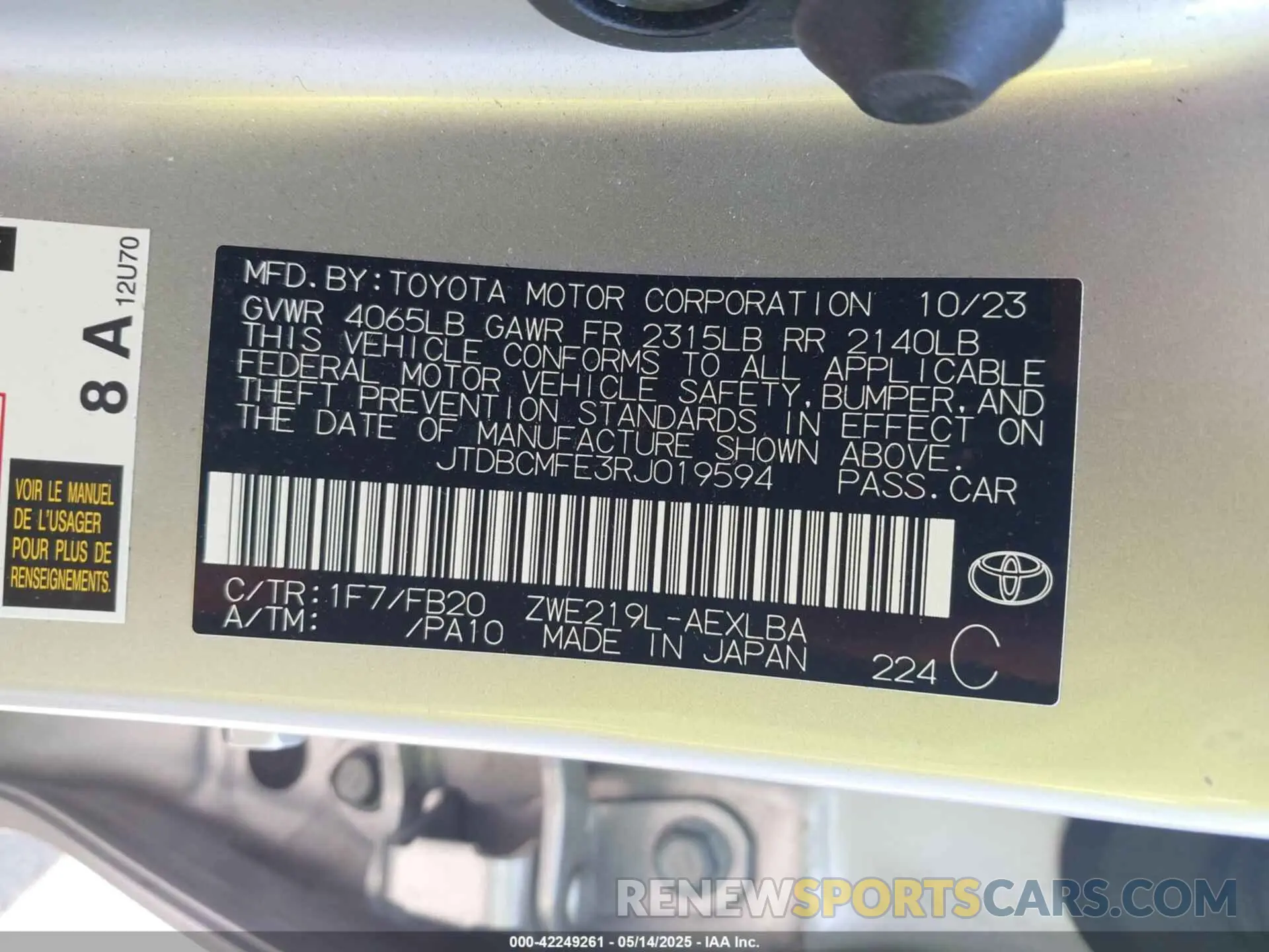 9 Photograph of a damaged car JTDBCMFE3RJ019594 TOYOTA COROLLA 2024