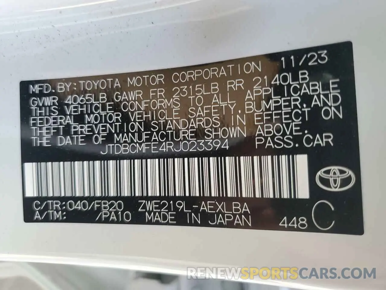 13 Photograph of a damaged car JTDBCMFE4RJ023394 TOYOTA COROLLA 2024