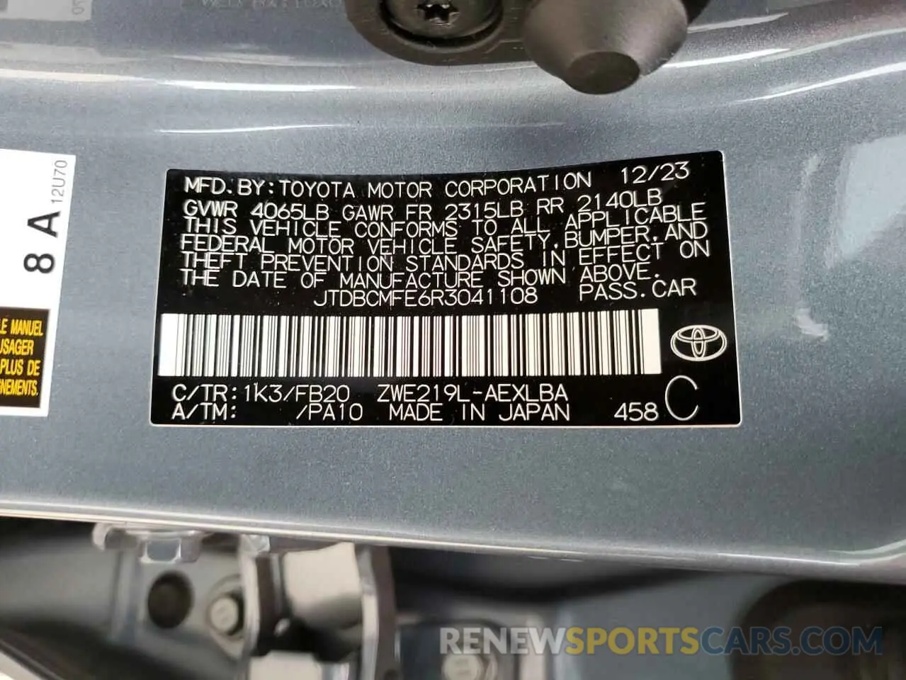 12 Photograph of a damaged car JTDBCMFE6R3041108 TOYOTA COROLLA 2024