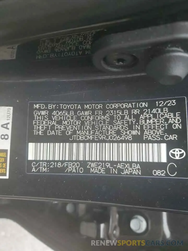 12 Photograph of a damaged car JTDBCMFE9RJ026498 TOYOTA COROLLA 2024