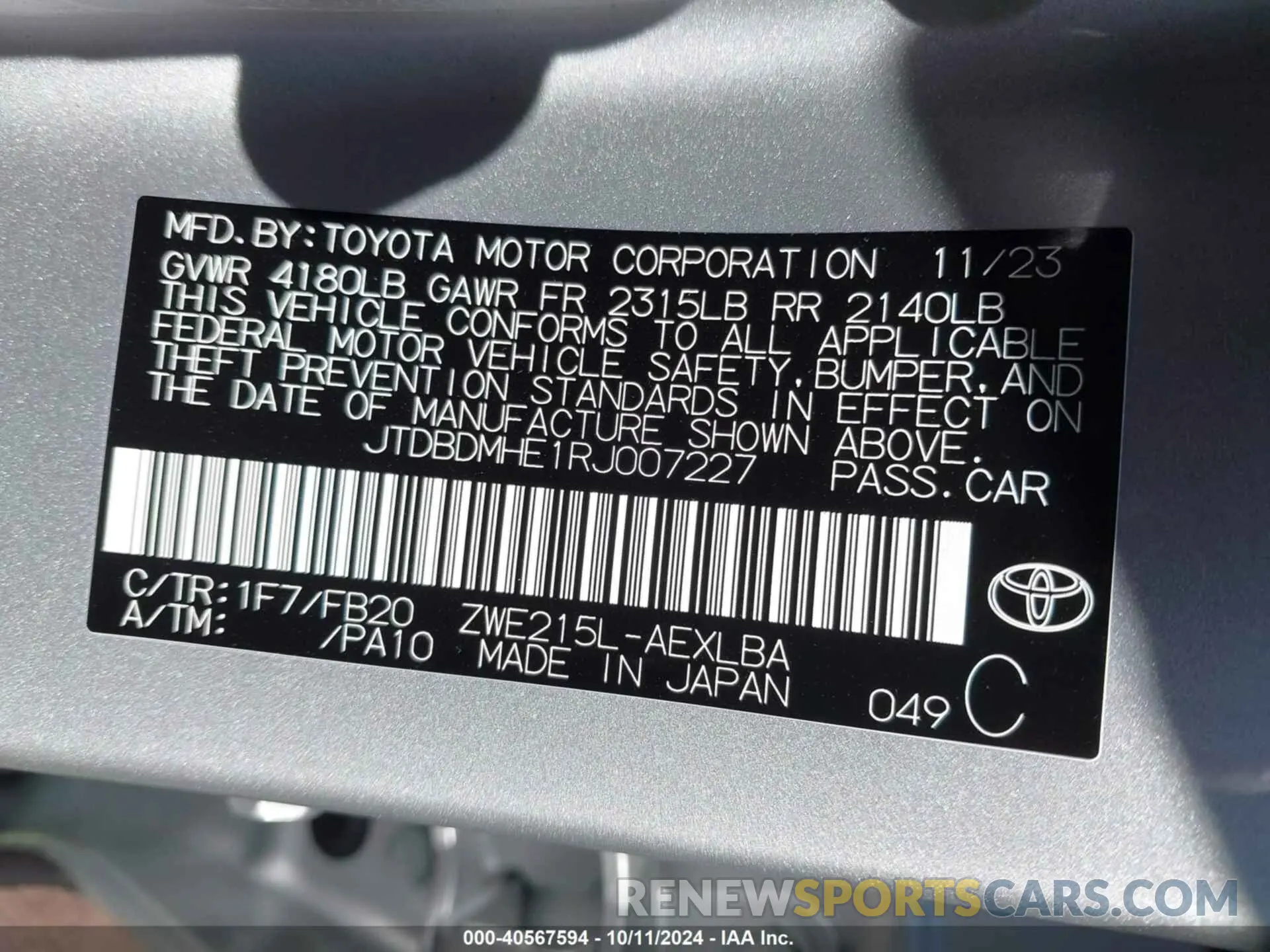 9 Photograph of a damaged car JTDBDMHE1RJ007227 TOYOTA COROLLA 2024