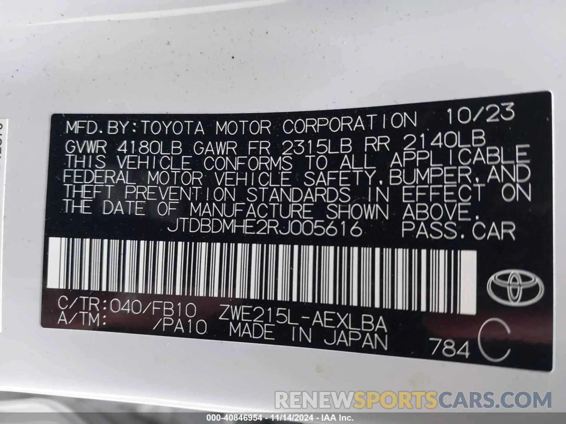 9 Photograph of a damaged car JTDBDMHE2RJ005616 TOYOTA COROLLA 2024
