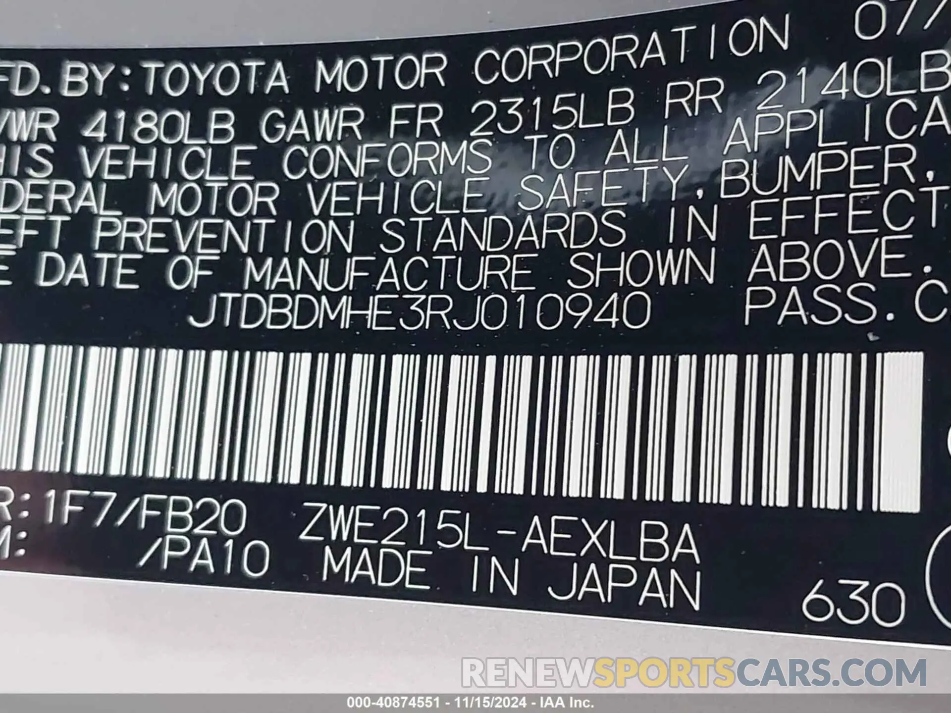 9 Photograph of a damaged car JTDBDMHE3RJ010940 TOYOTA COROLLA 2024