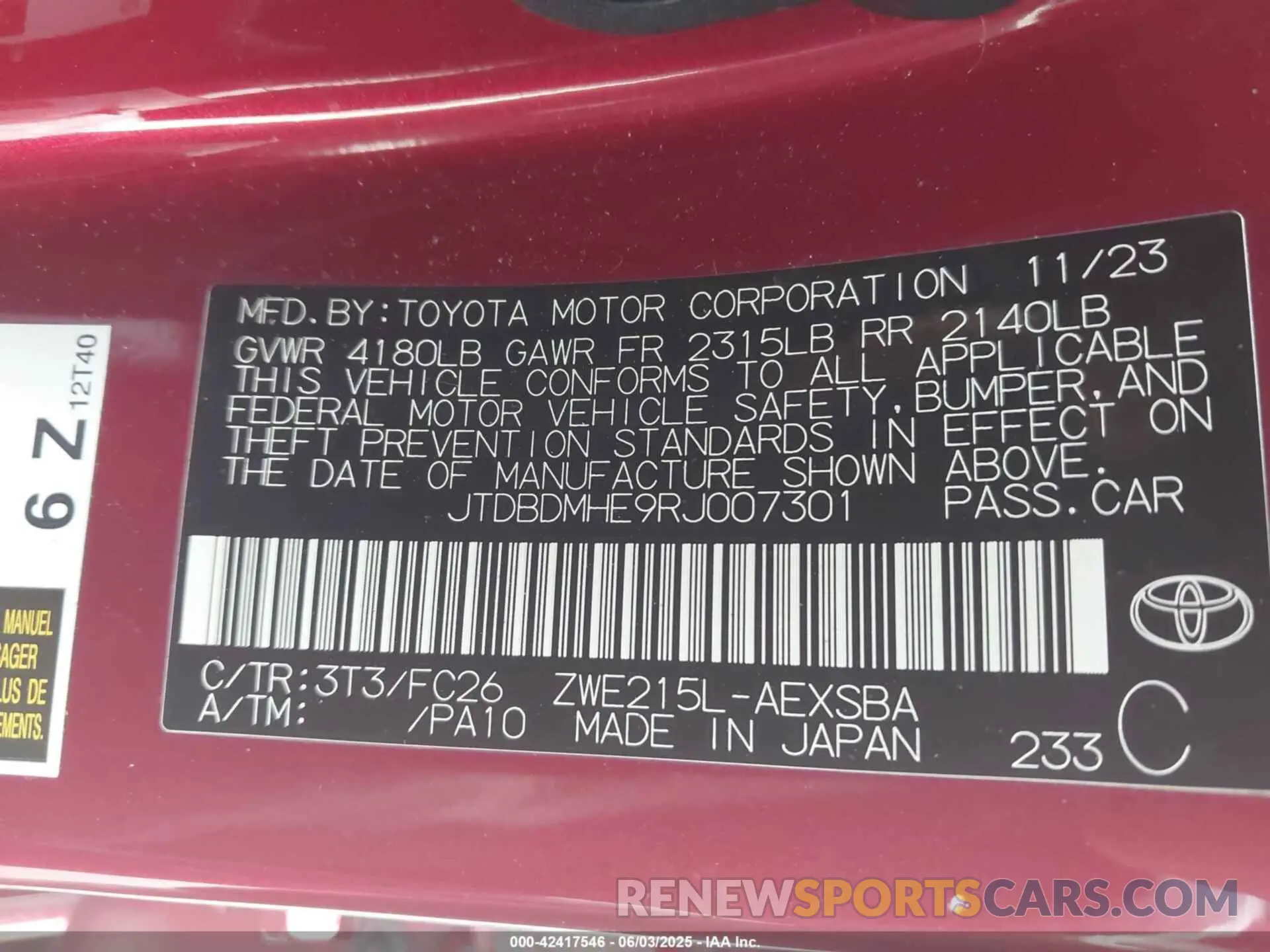 9 Photograph of a damaged car JTDBDMHE9RJ007301 TOYOTA COROLLA 2024