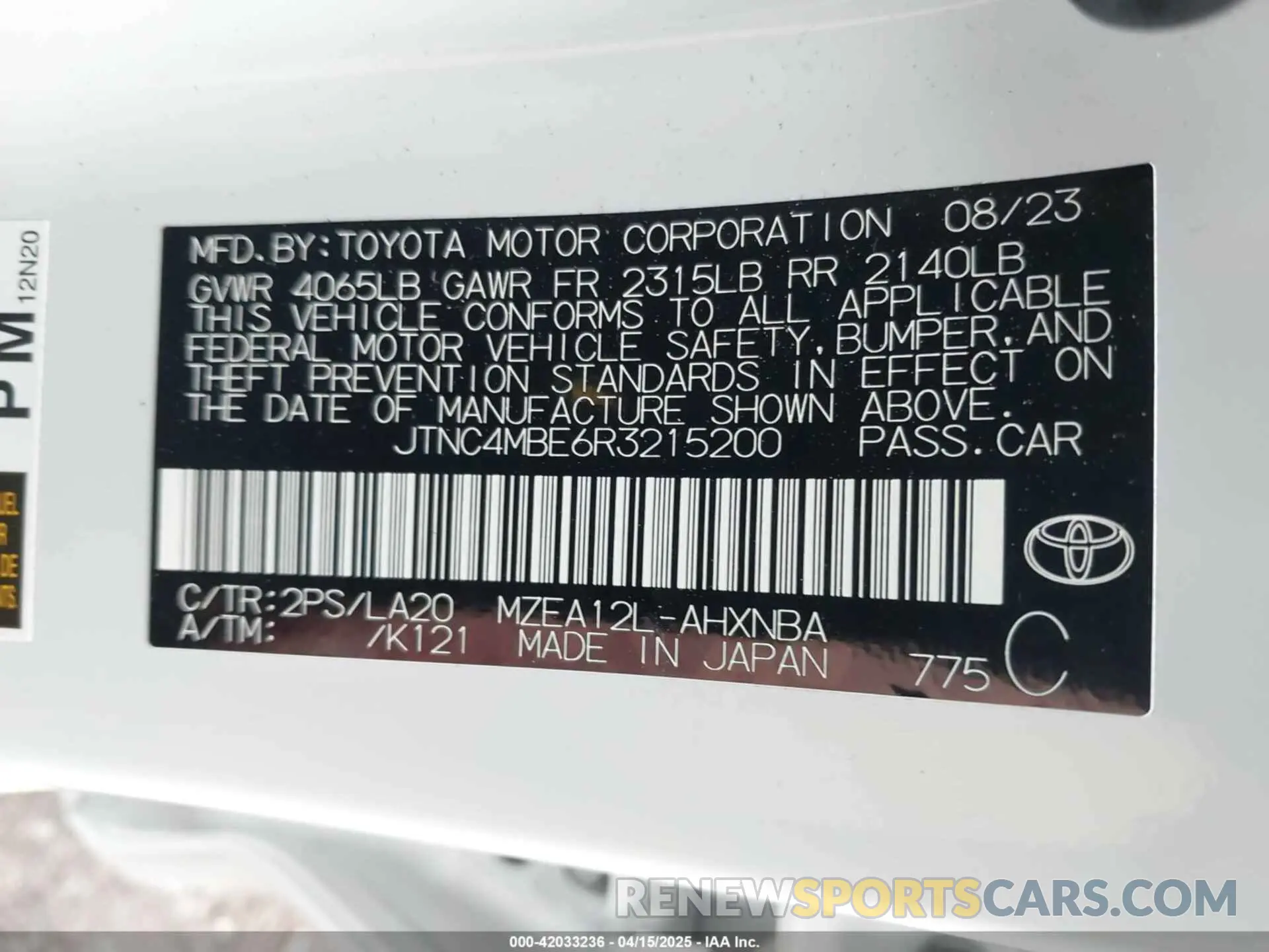 9 Photograph of a damaged car JTNC4MBE6R3215200 TOYOTA COROLLA 2024
