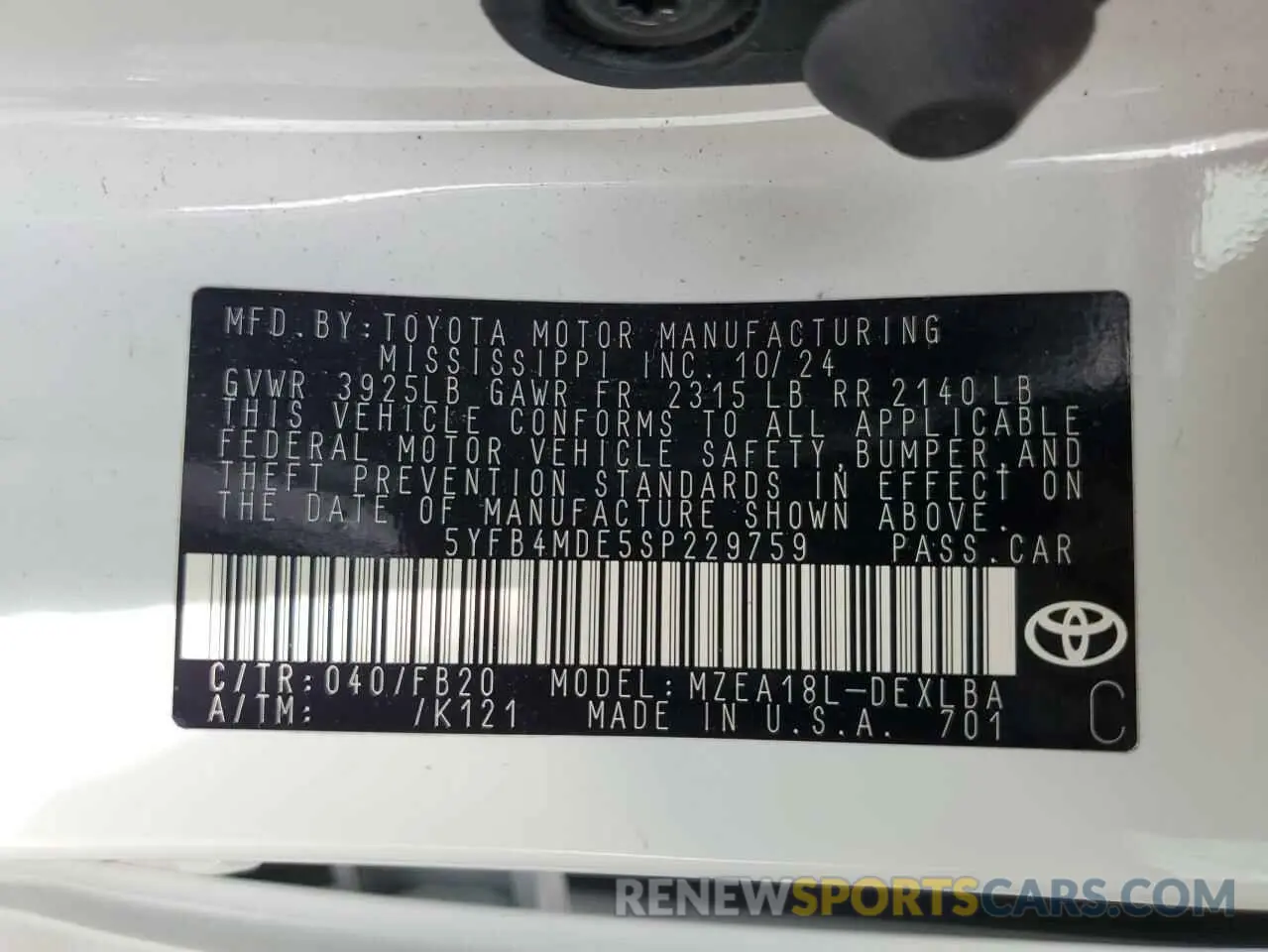 14 Photograph of a damaged car 5YFB4MDE5SP229759 TOYOTA COROLLA 2025