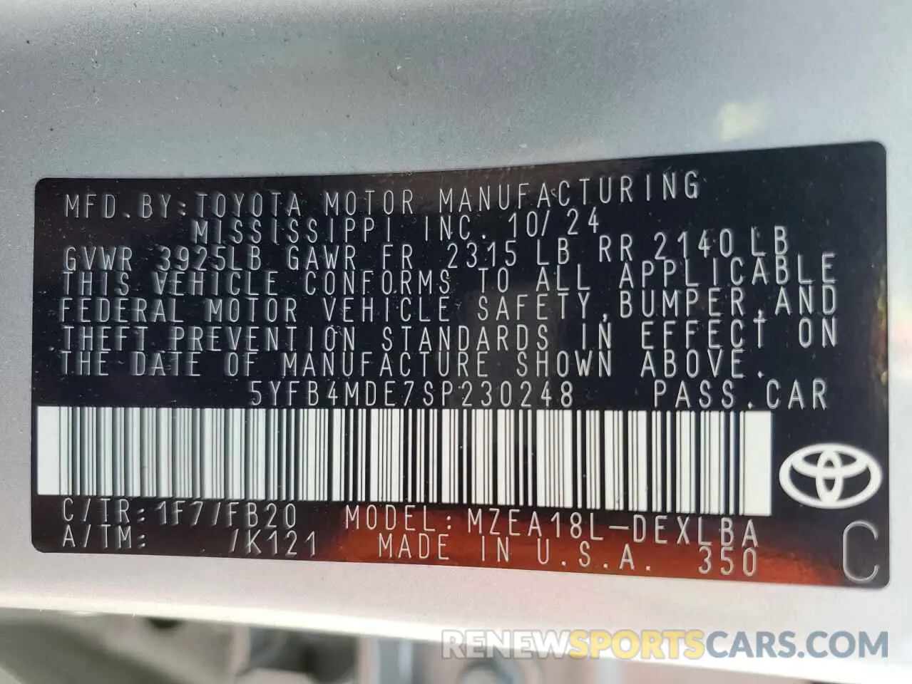 14 Photograph of a damaged car 5YFB4MDE7SP230248 TOYOTA COROLLA 2025