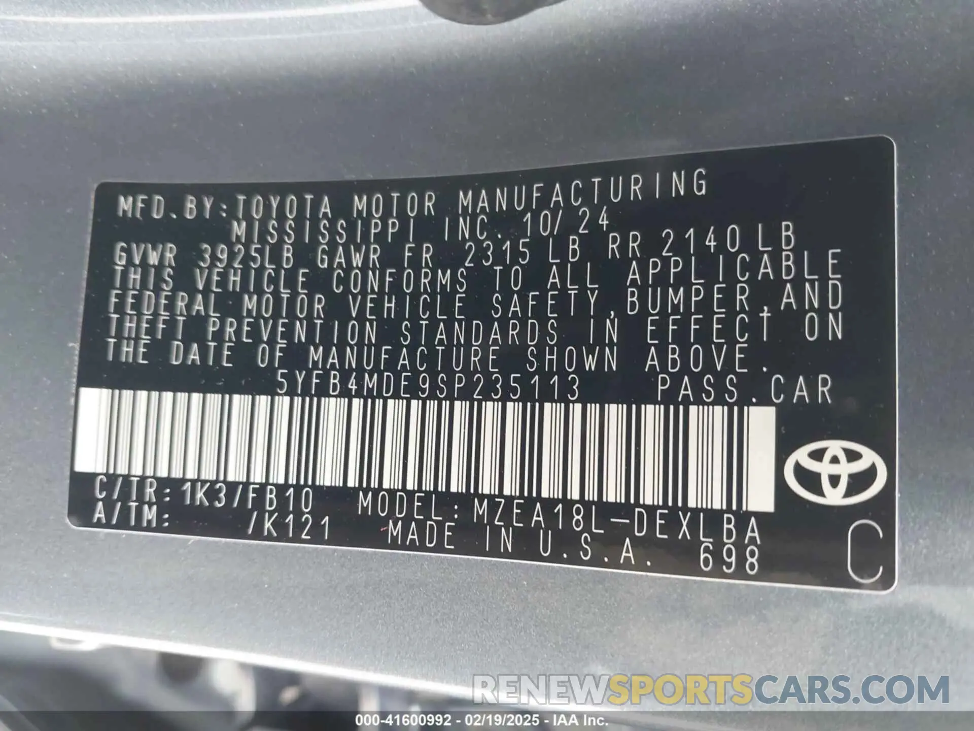 9 Photograph of a damaged car 5YFB4MDE9SP235113 TOYOTA COROLLA 2025