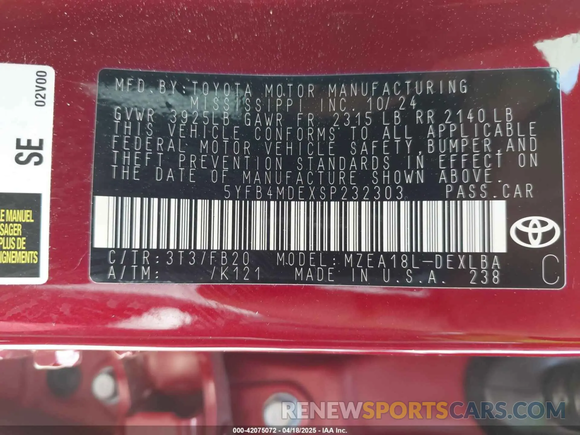 9 Photograph of a damaged car 5YFB4MDEXSP232303 TOYOTA COROLLA 2025