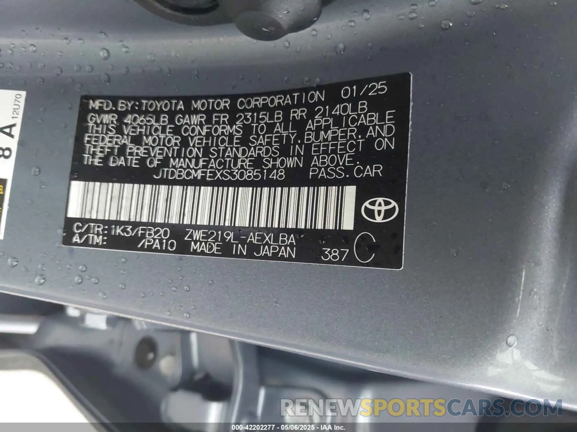 9 Photograph of a damaged car JTDBCMFEXS3085148 TOYOTA COROLLA 2025