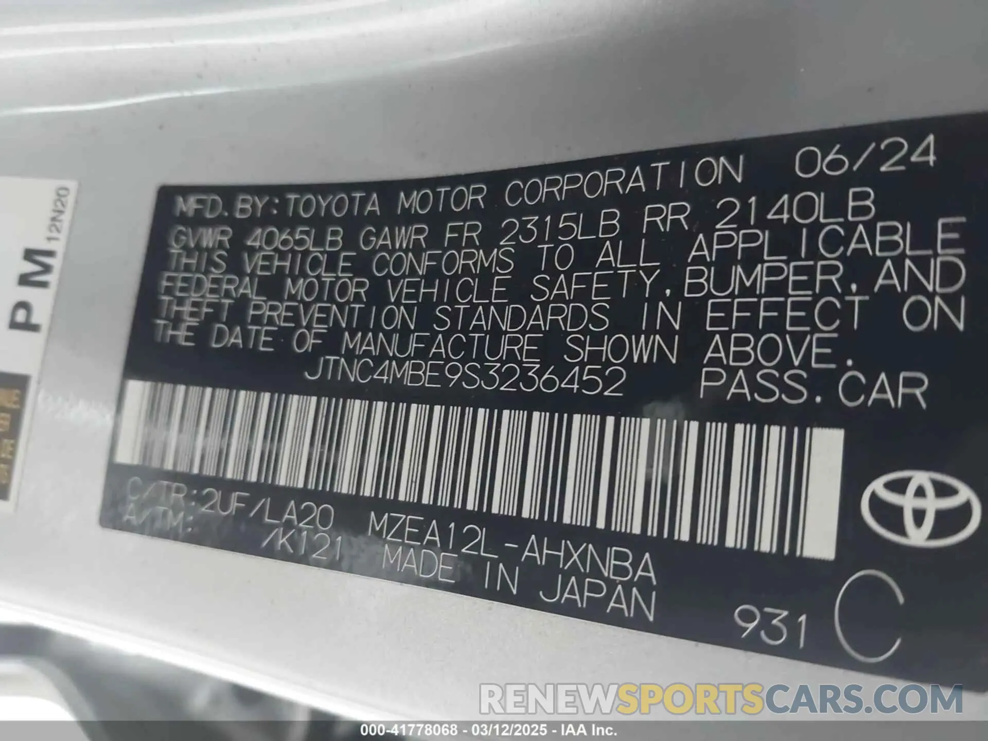 9 Photograph of a damaged car JTNC4MBE9S3236452 TOYOTA COROLLA 2025