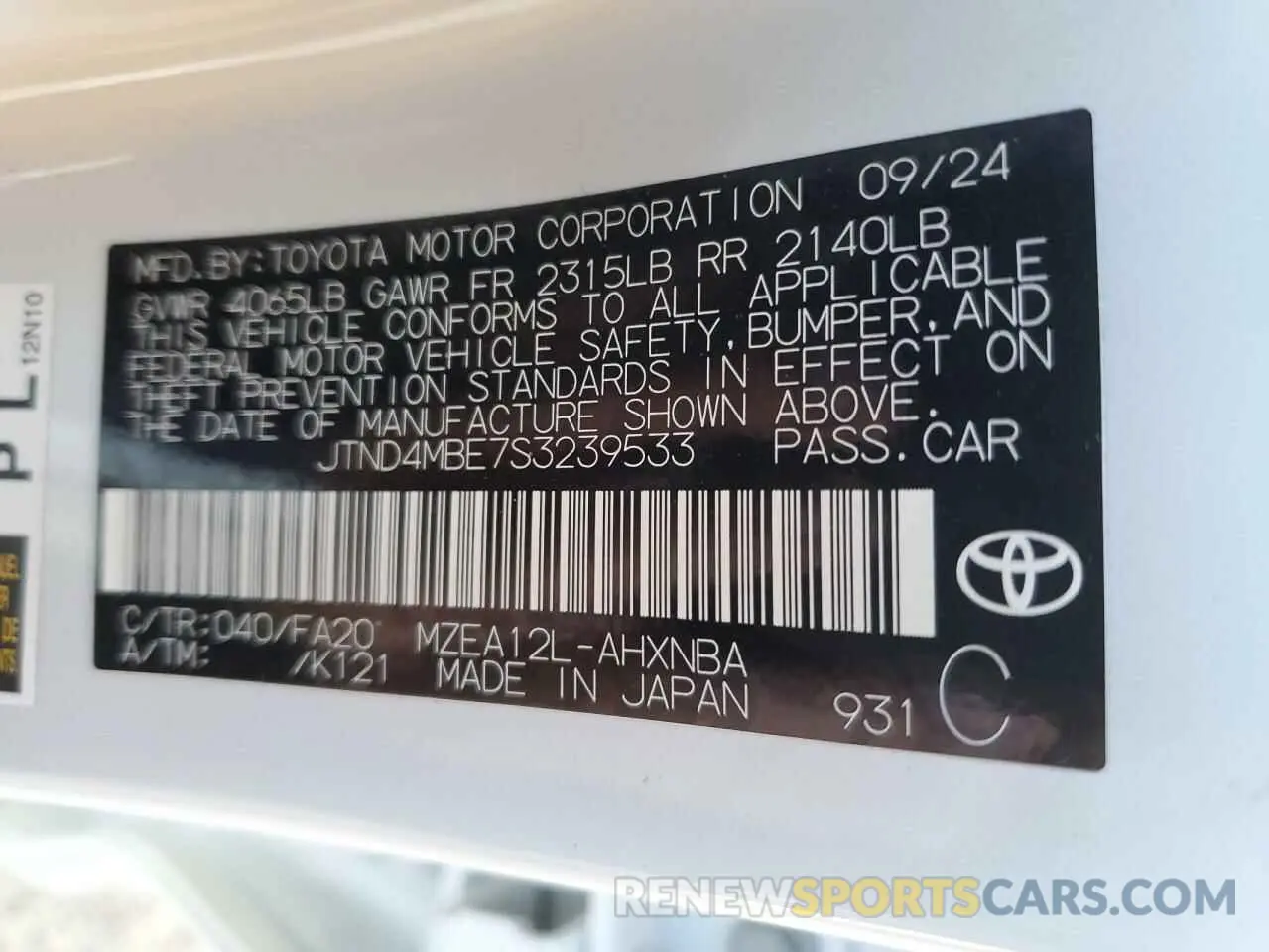 12 Photograph of a damaged car JTND4MBE7S3239533 TOYOTA COROLLA 2025