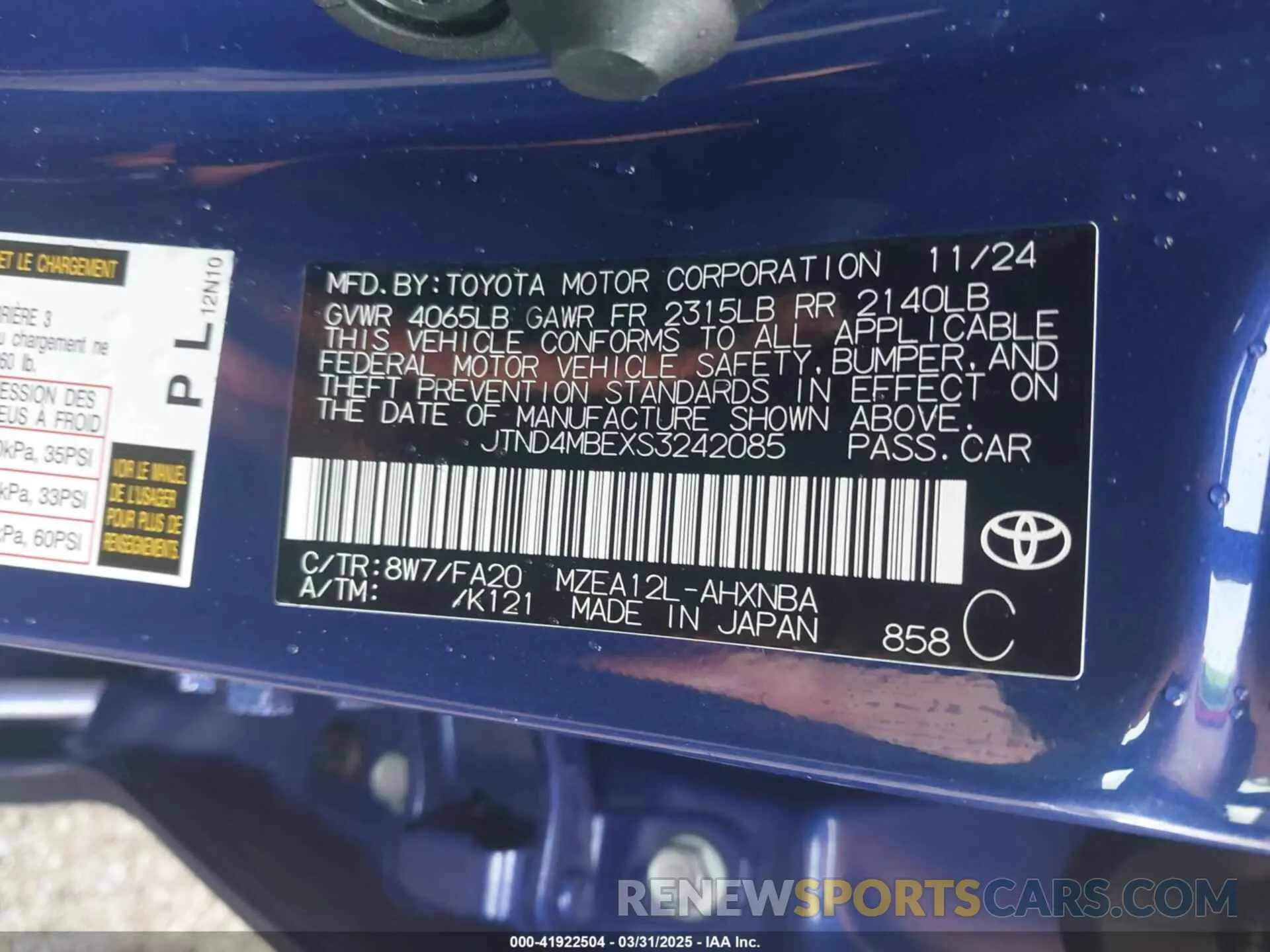 9 Photograph of a damaged car JTND4MBEXS3242085 TOYOTA COROLLA 2025