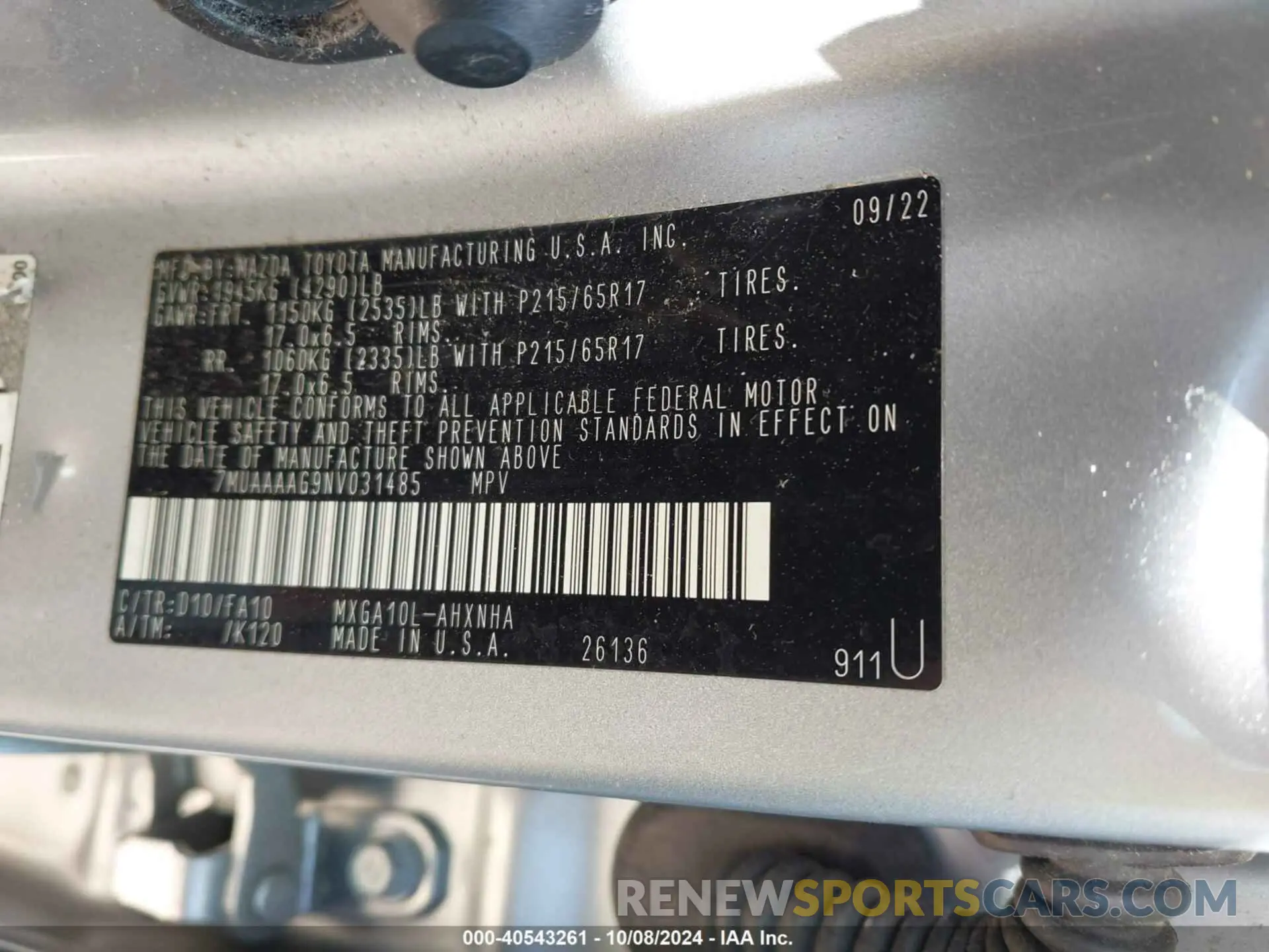 9 Photograph of a damaged car 7MUAAAAG9NV031485 TOYOTA COROLLA CROSS 2022