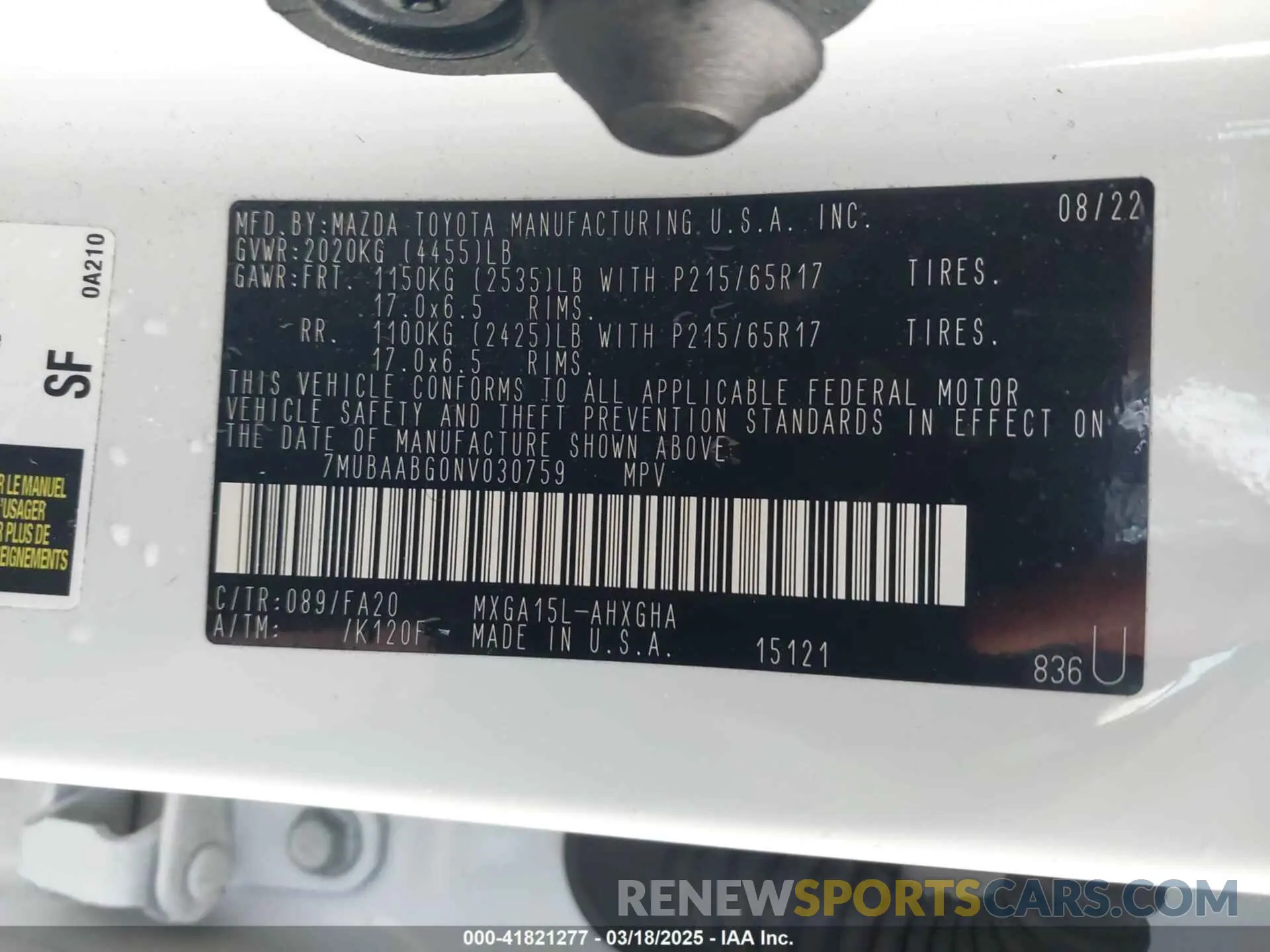 9 Photograph of a damaged car 7MUBAABG0NV030759 TOYOTA COROLLA CROSS 2022