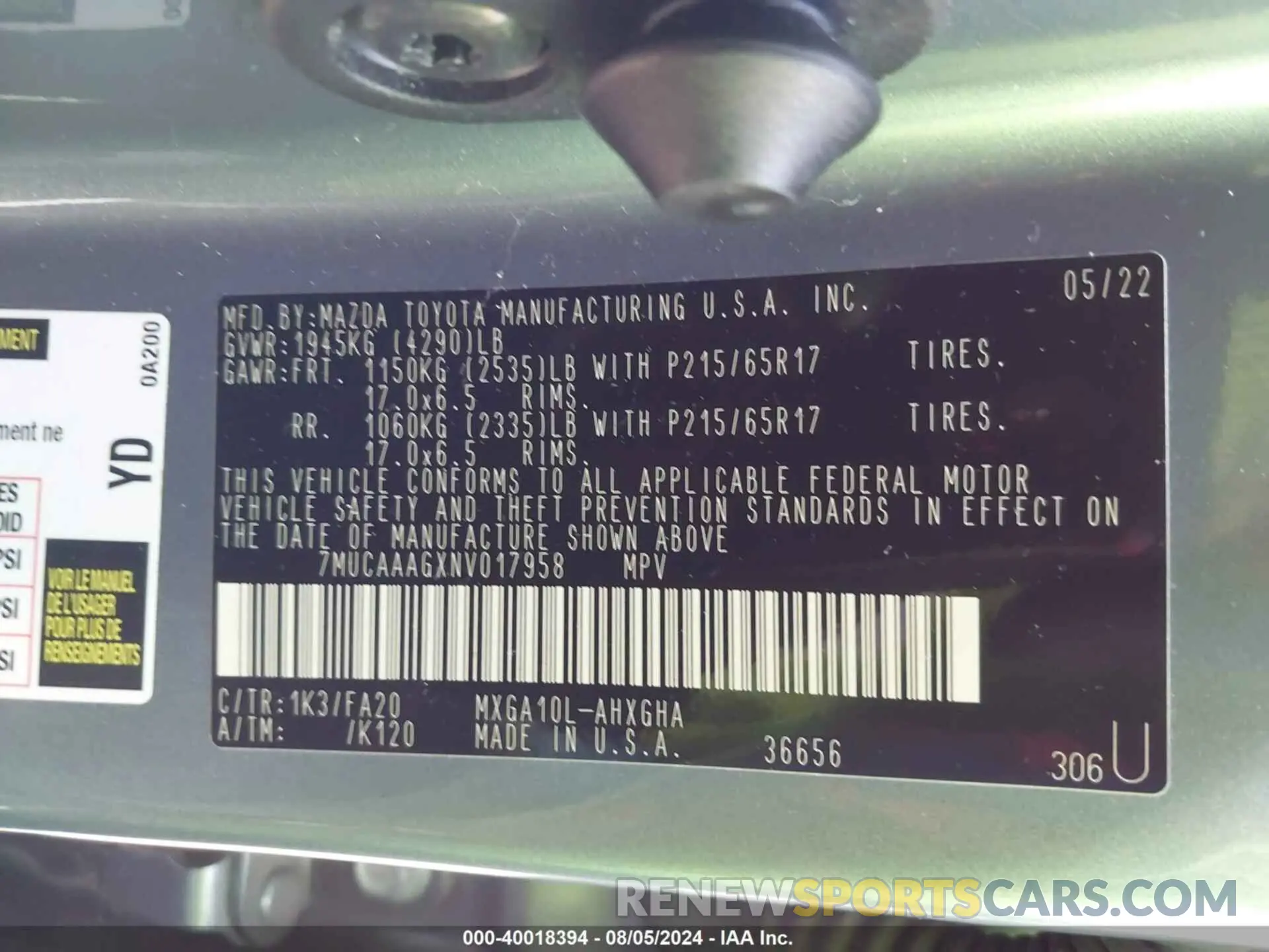 9 Photograph of a damaged car 7MUCAAAGXNV017958 TOYOTA COROLLA CROSS 2022