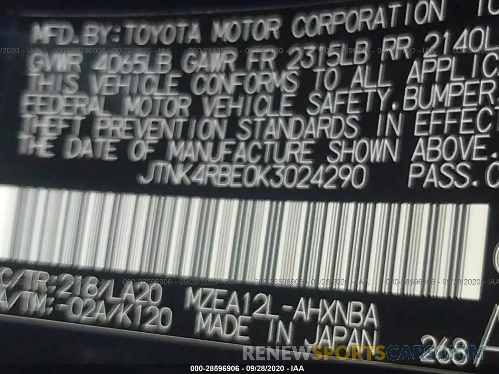 9 Photograph of a damaged car JTNK4RBE0K3024290 TOYOTA COROLLA HATCHBACK 2019