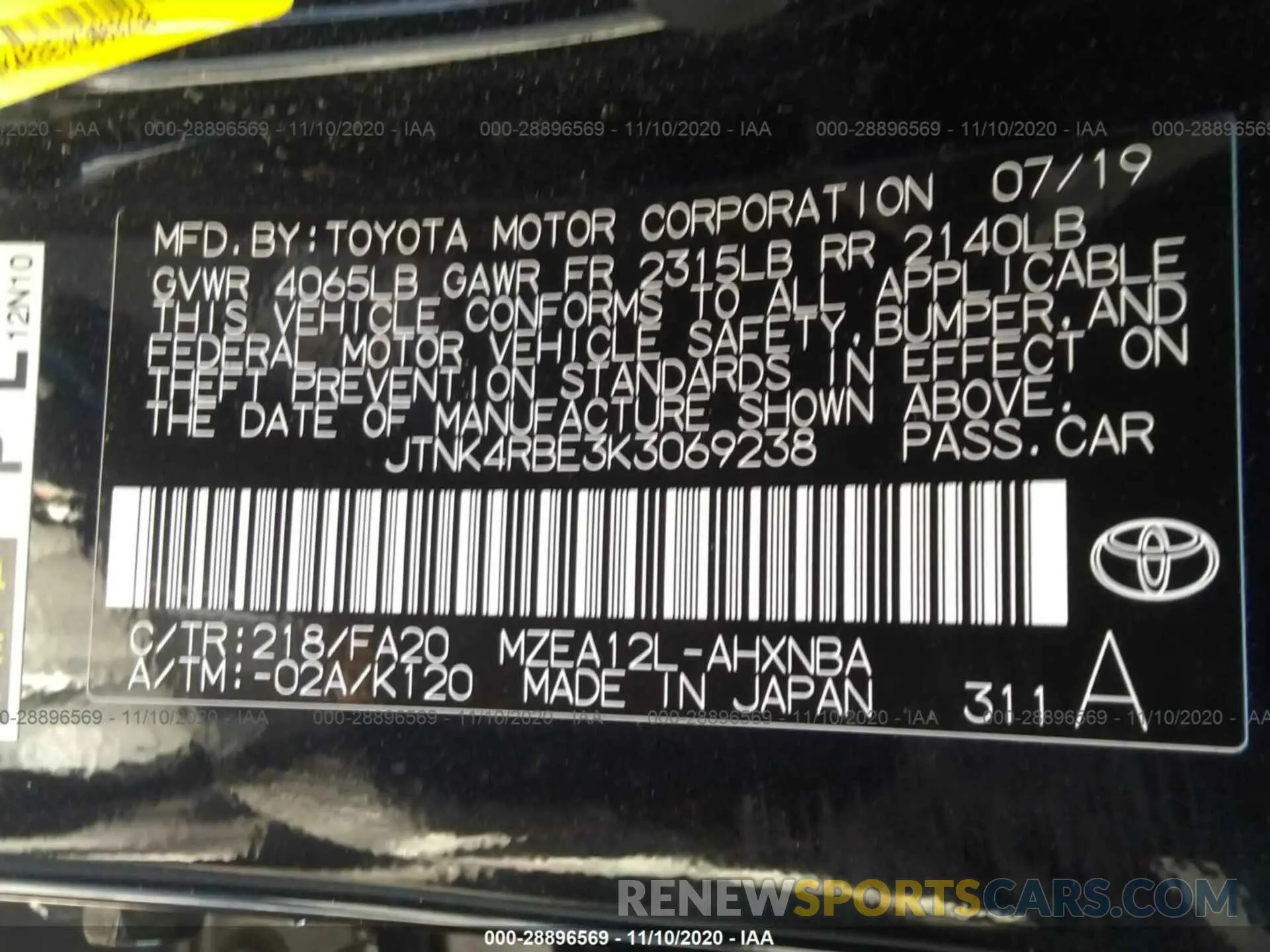 9 Photograph of a damaged car JTNK4RBE3K3069238 TOYOTA COROLLA HATCHBACK 2019
