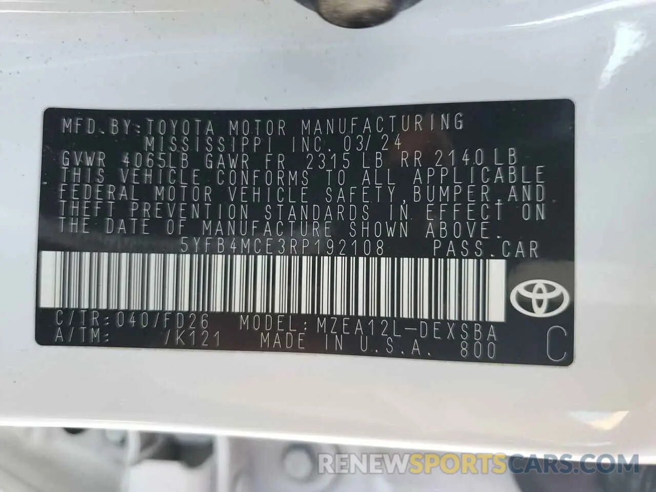 14 Photograph of a damaged car 5YFB4MCE3RP192108 TOYOTA COROLLA NI 2024
