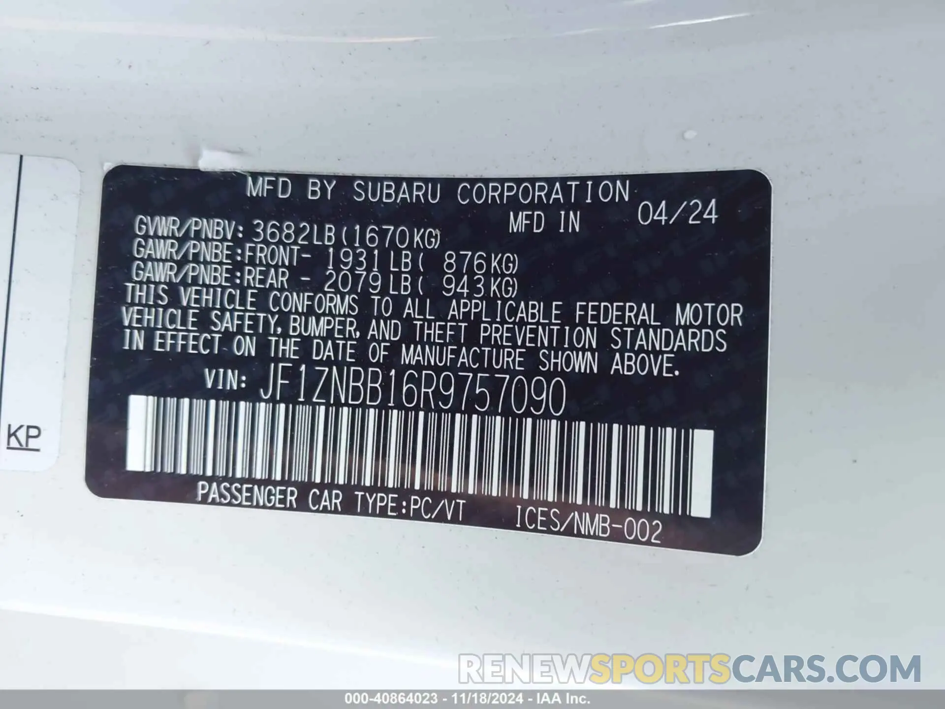 9 Photograph of a damaged car JF1ZNBB16R9757090 TOYOTA GR86 2024