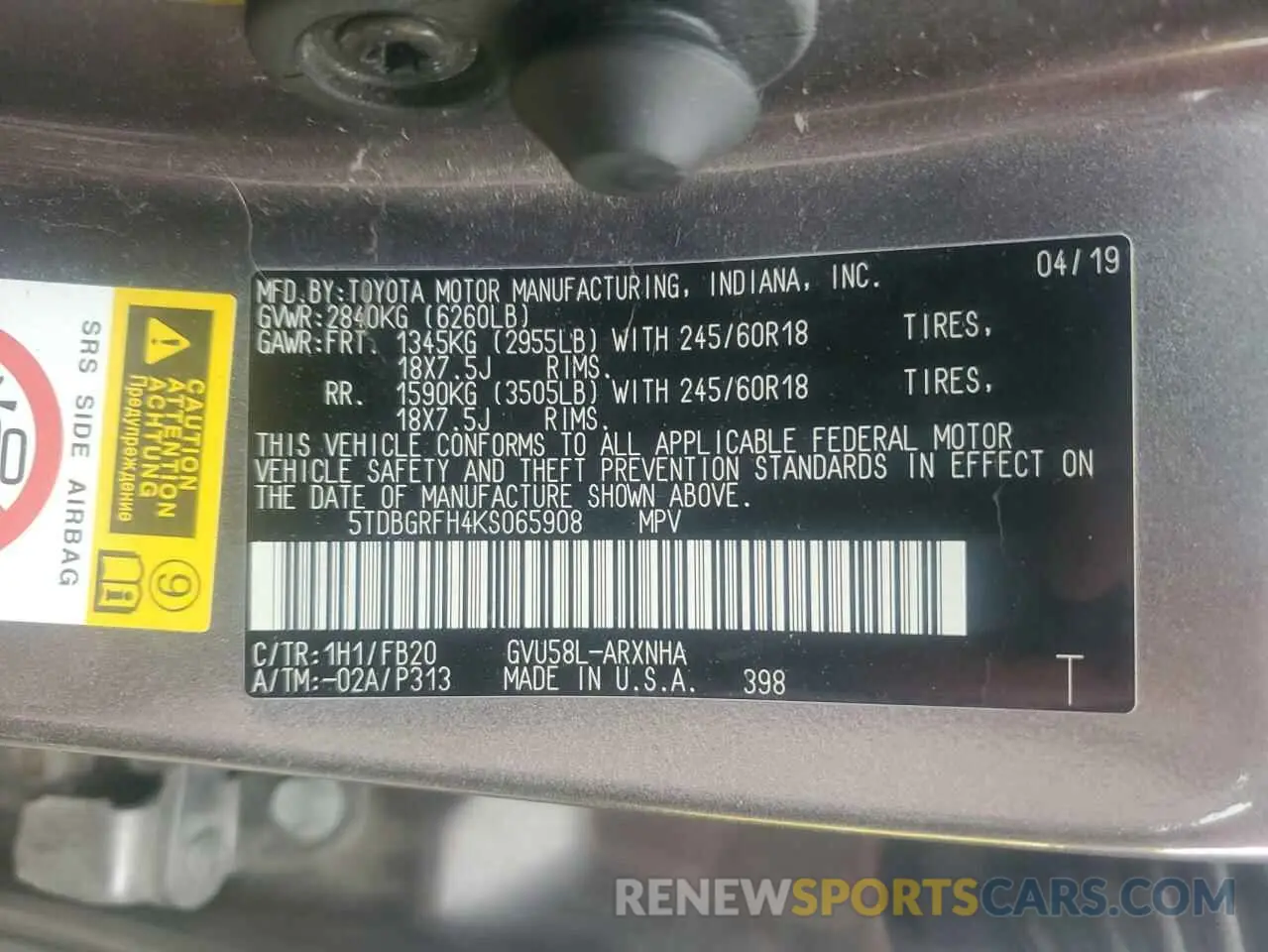 13 Photograph of a damaged car 5TDBGRFH4KS065908 TOYOTA HIGHLANDER 2019