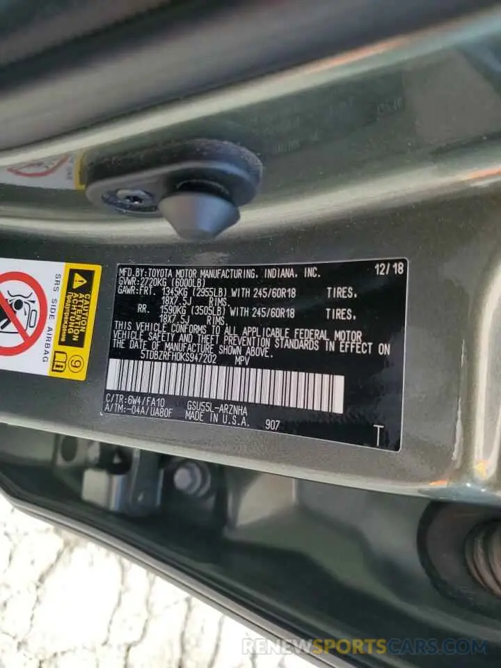13 Photograph of a damaged car 5TDBZRFH0KS947202 TOYOTA HIGHLANDER 2019