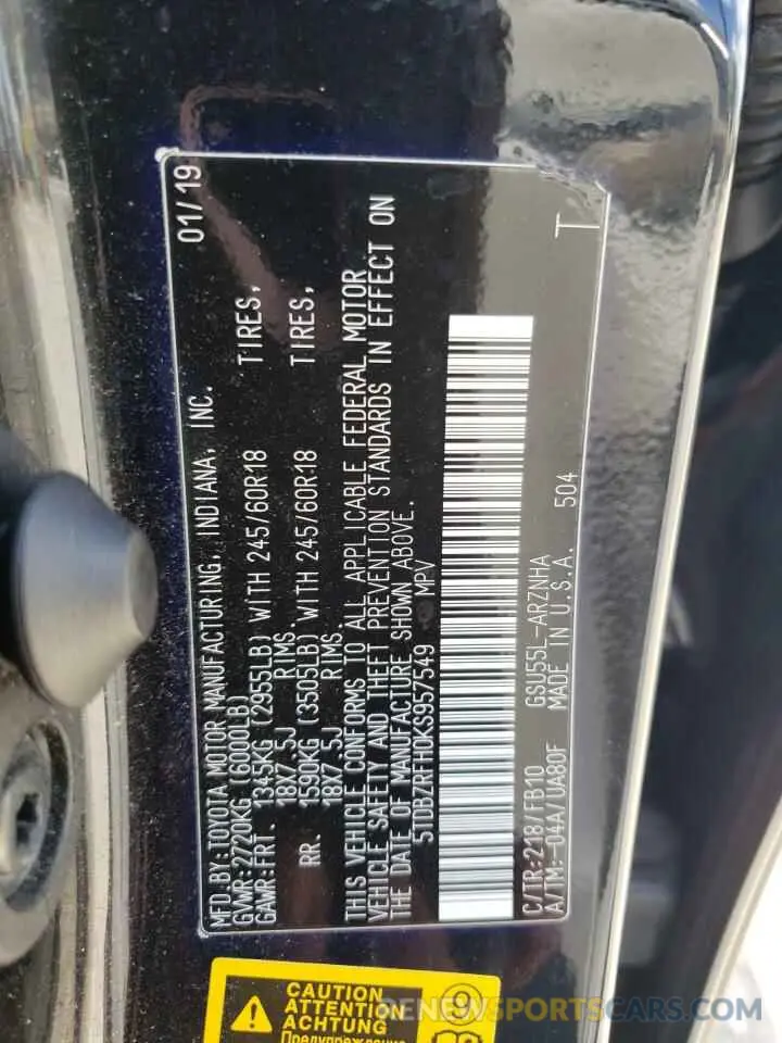 13 Photograph of a damaged car 5TDBZRFH0KS957549 TOYOTA HIGHLANDER 2019