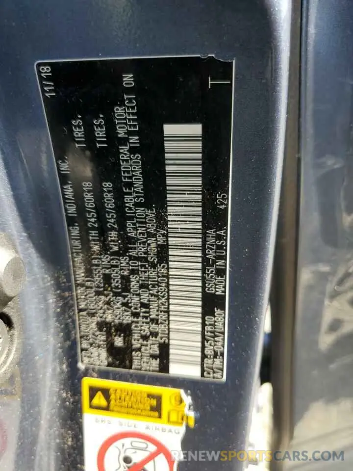 13 Photograph of a damaged car 5TDBZRFH2KS940185 TOYOTA HIGHLANDER 2019