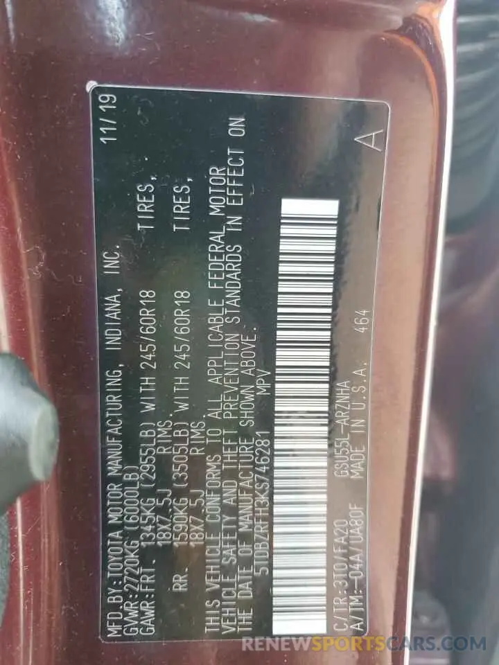 13 Photograph of a damaged car 5TDBZRFH3KS746281 TOYOTA HIGHLANDER 2019
