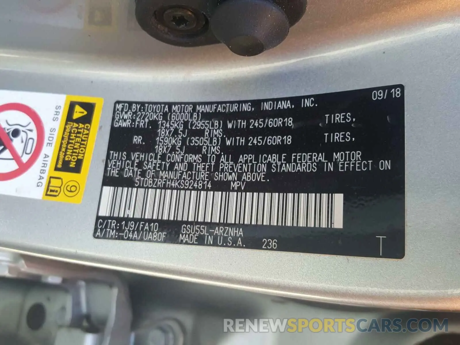 10 Photograph of a damaged car 5TDBZRFH4KS924814 TOYOTA HIGHLANDER 2019