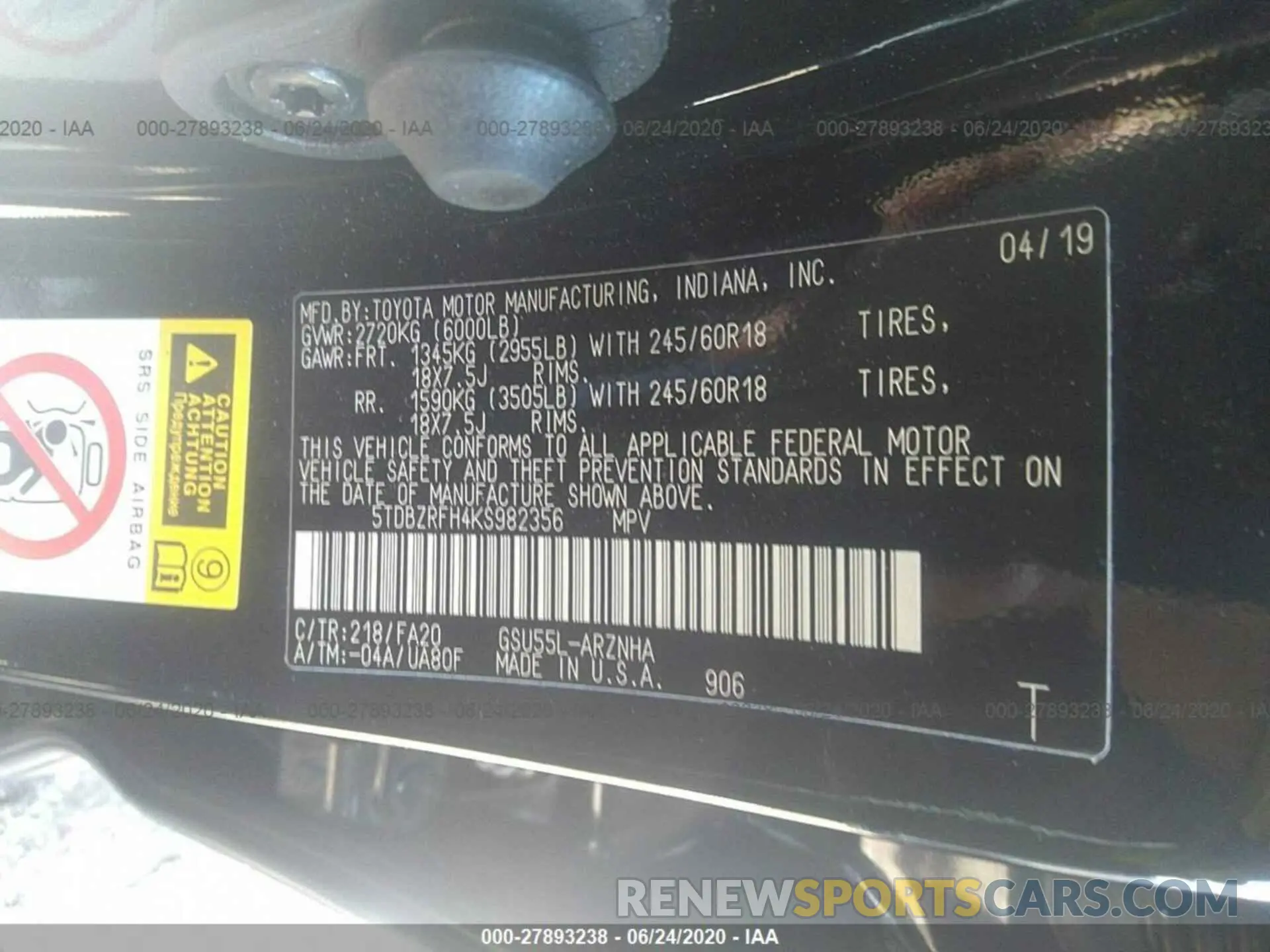 9 Photograph of a damaged car 5TDBZRFH4KS982356 TOYOTA HIGHLANDER 2019