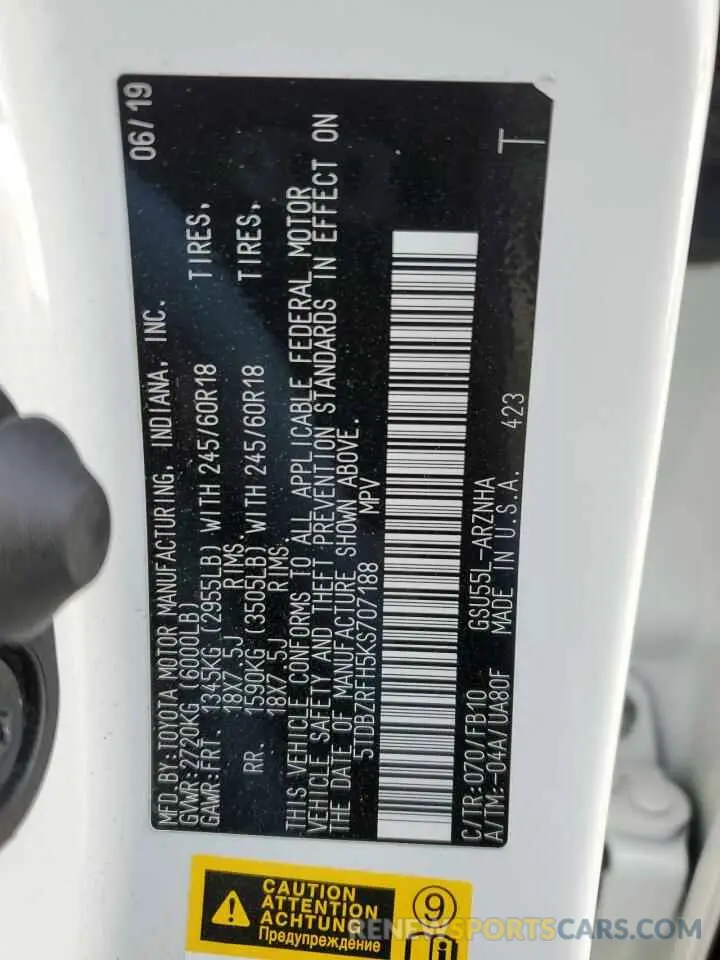 13 Photograph of a damaged car 5TDBZRFH5KS707188 TOYOTA HIGHLANDER 2019