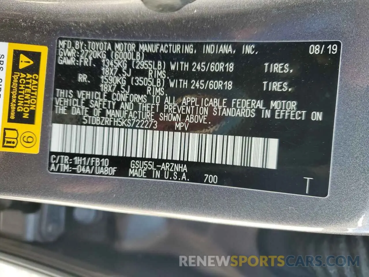 13 Photograph of a damaged car 5TDBZRFH5KS722273 TOYOTA HIGHLANDER 2019